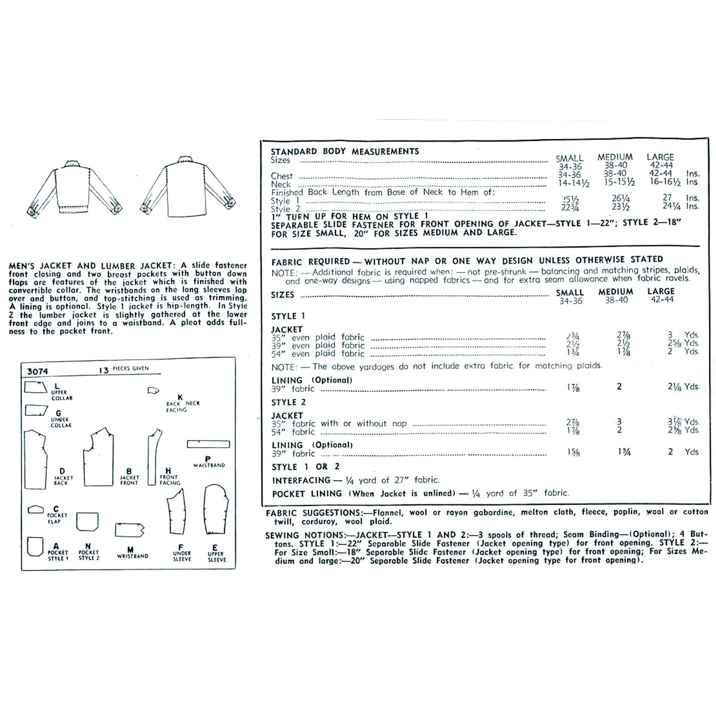 A printed sewing pattern sheet showing measurements and instructions for a men's jacket and liner jacket, with body measurements tables, fabric requirements, lining measurements, and sewing tips.