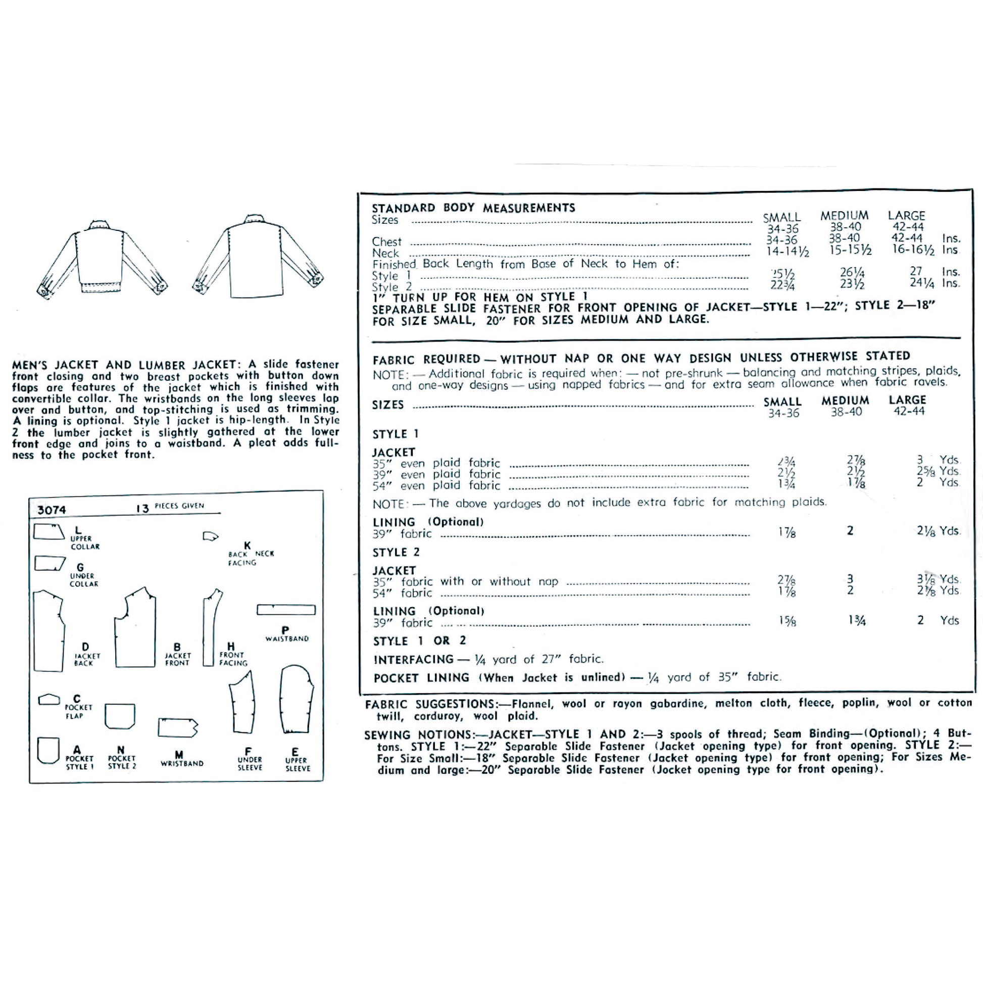 A printed sewing pattern sheet showing measurements and instructions for a men's jacket and liner jacket, with body measurements tables, fabric requirements, lining measurements, and sewing tips.