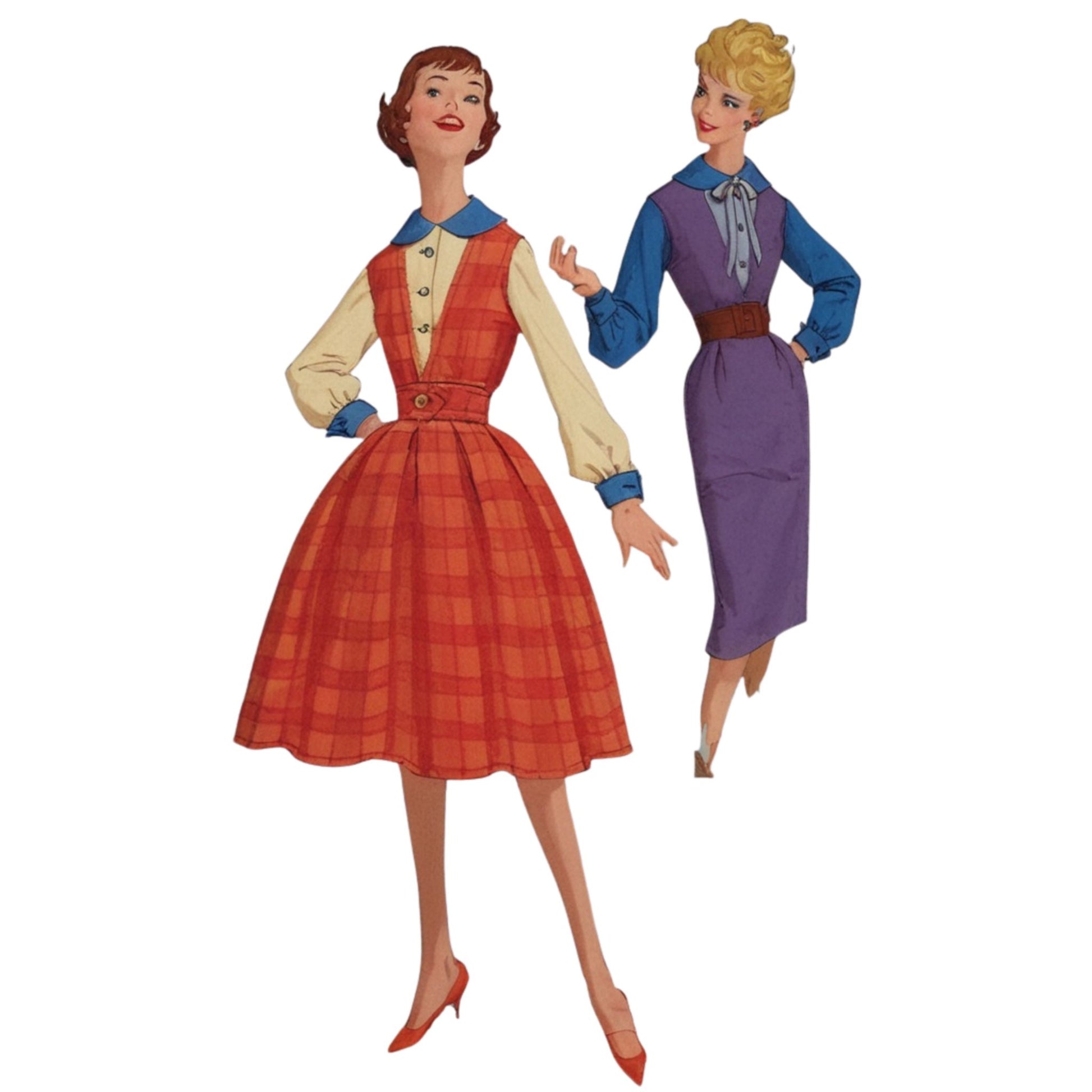 Two vintage-style dolls wearing colorful dresses on a white background