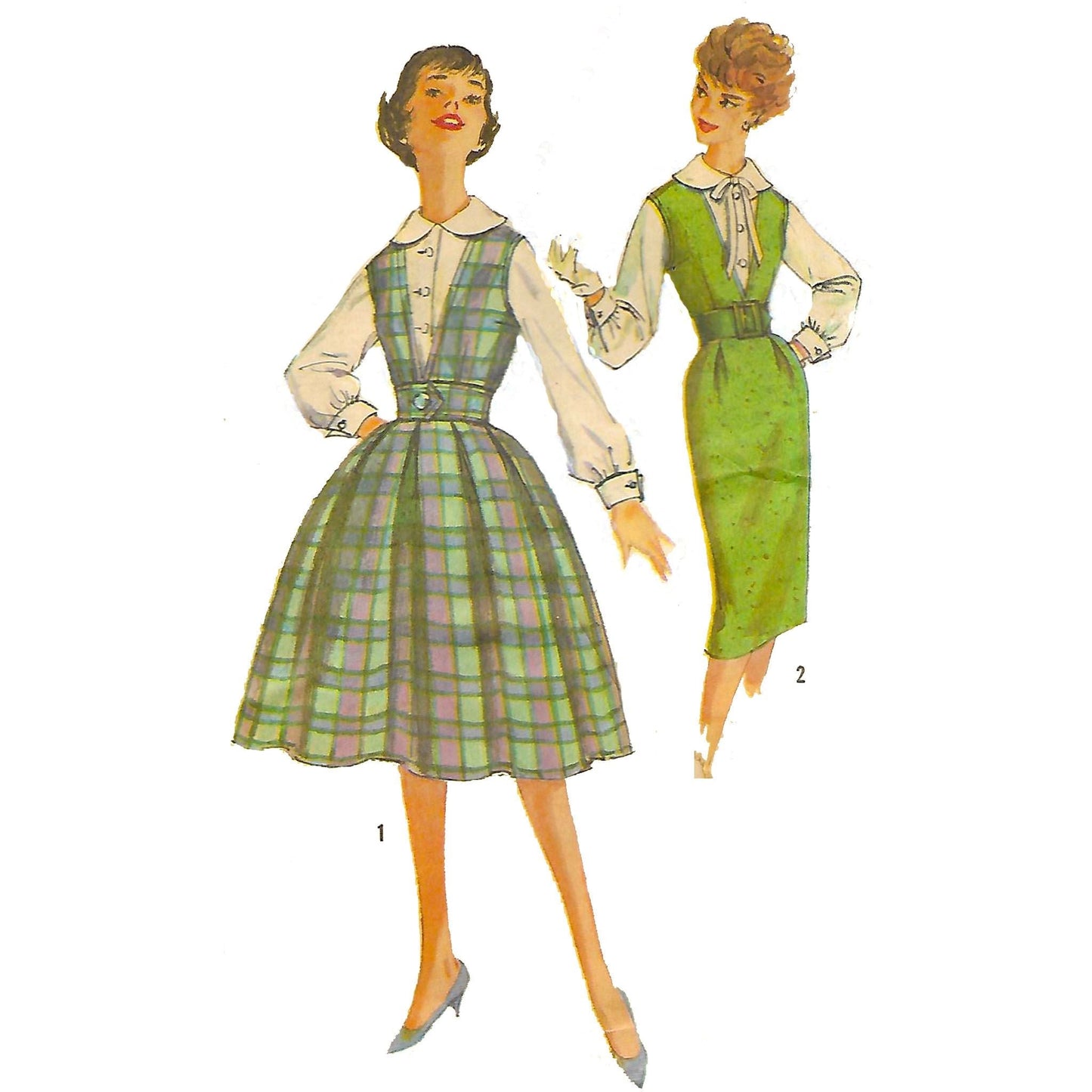 Model wearing 1950s jumper with two skirts and blouse made from Simplicity 3079 pattern