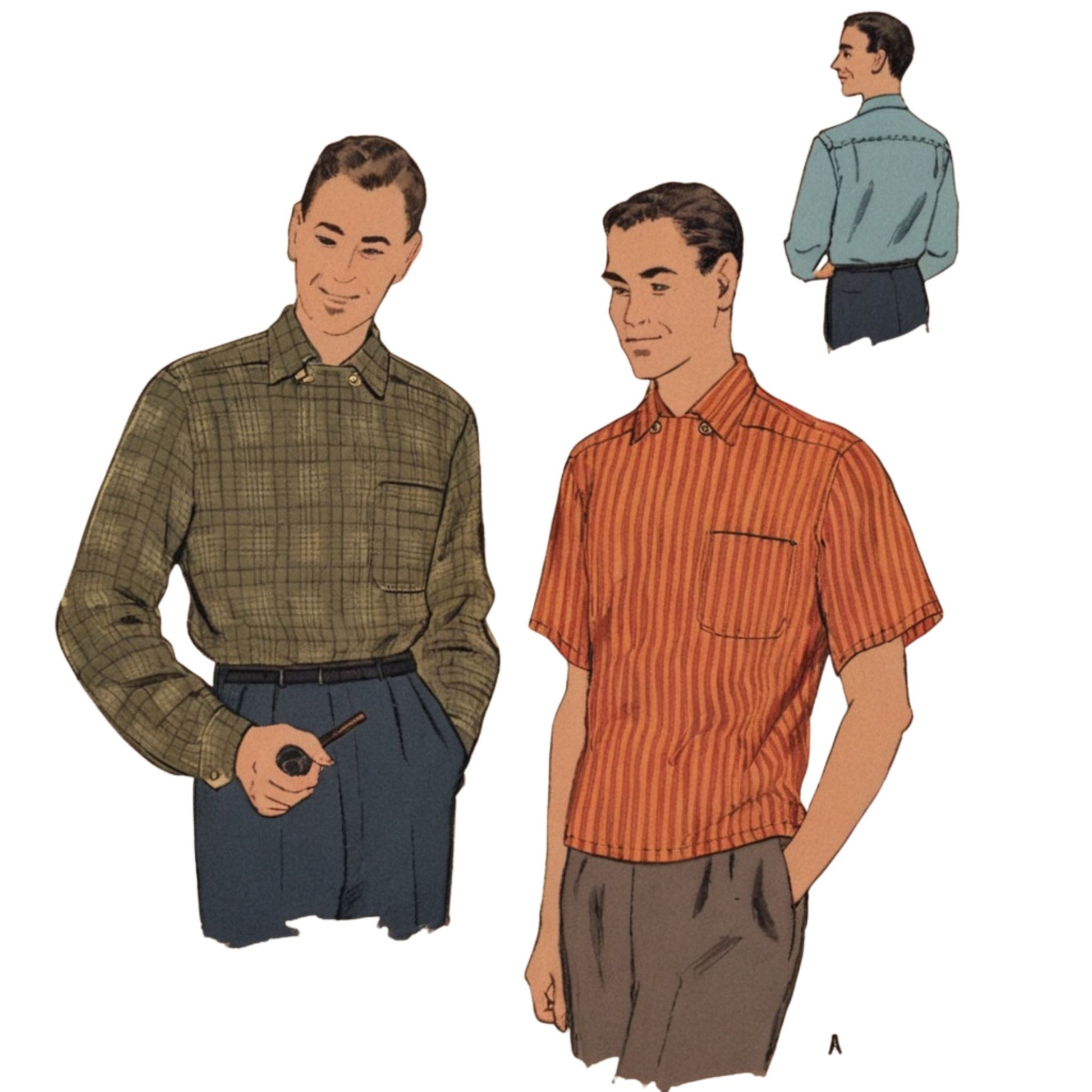 Illustration of two men wearing shirts and pants with a small inset showing a different outfit.