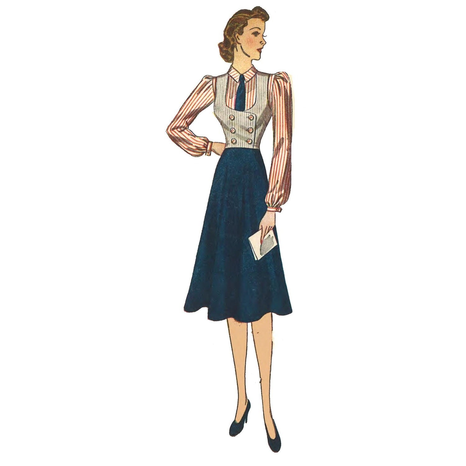 Woman wearing 40's waistcoat, blouse, skirt and tie.