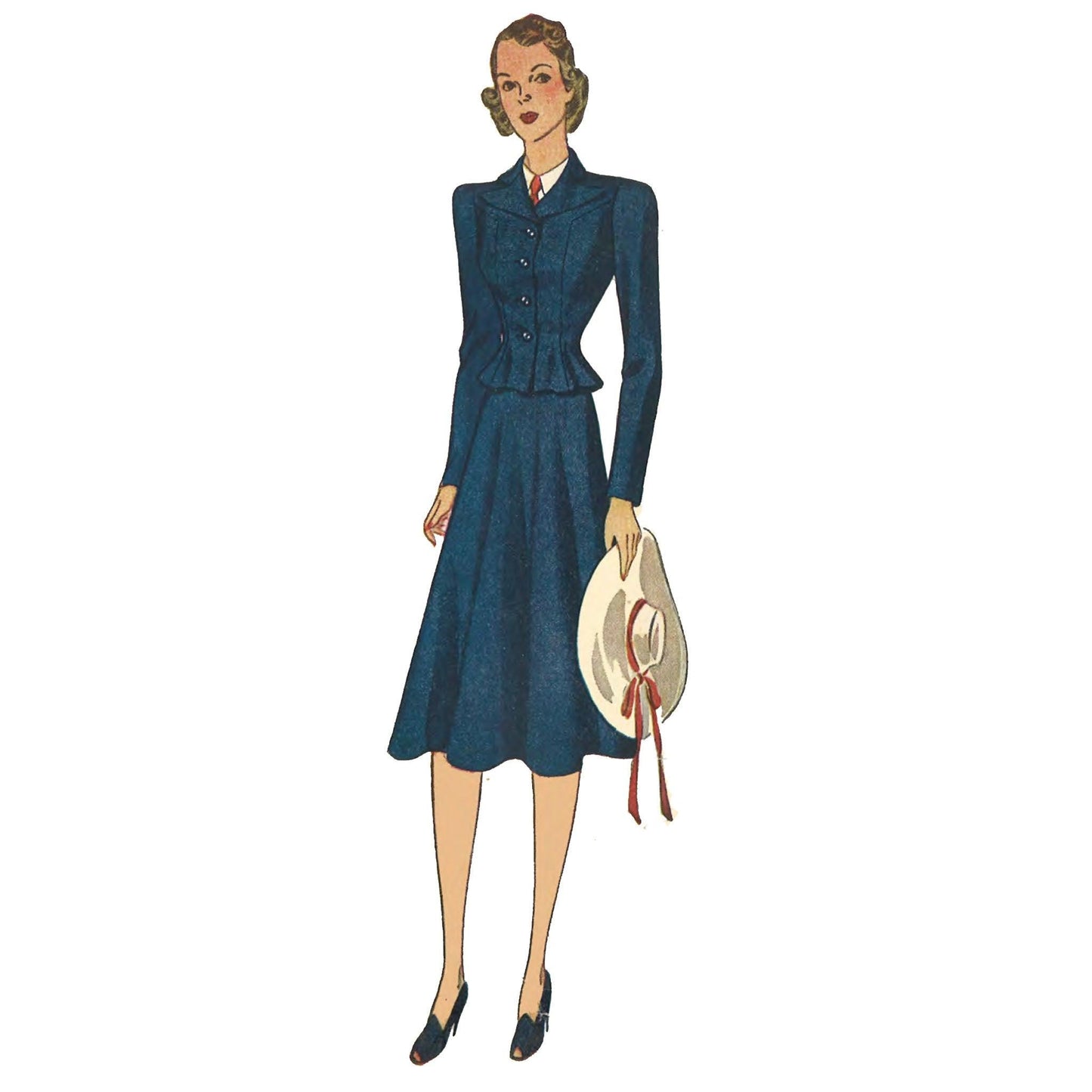 Woman wearing 40s suit and carrying a hat.