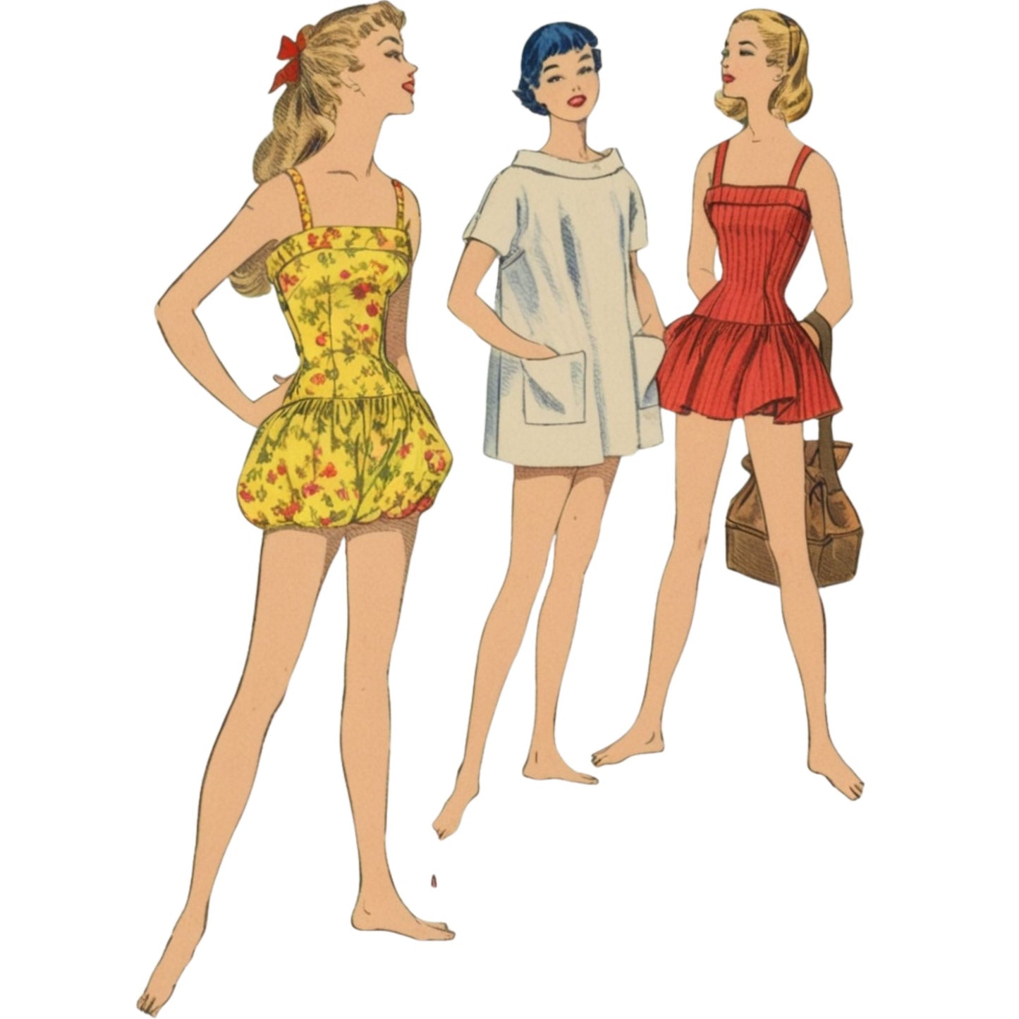 Model wearing bathing suit with bloomers or skirt and shorts and beach coat made from McCall’s 3195 pattern