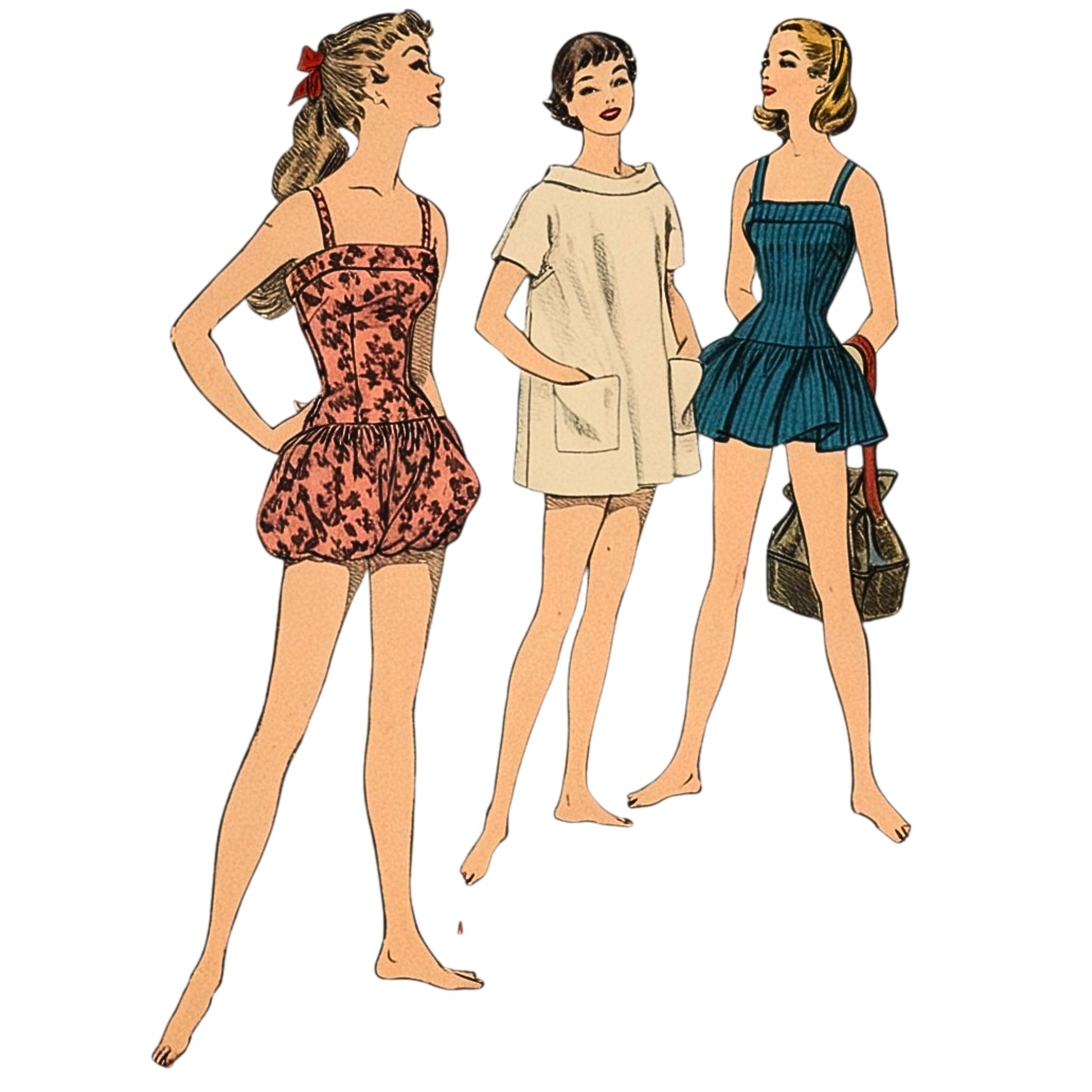Model wearing bathing suit with bloomers or skirt and shorts and beach coat made from McCall’s 3195 pattern
