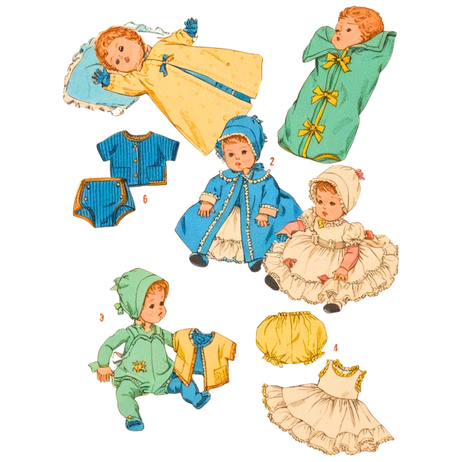 Set of vintage-style dolls and clothing on a white background