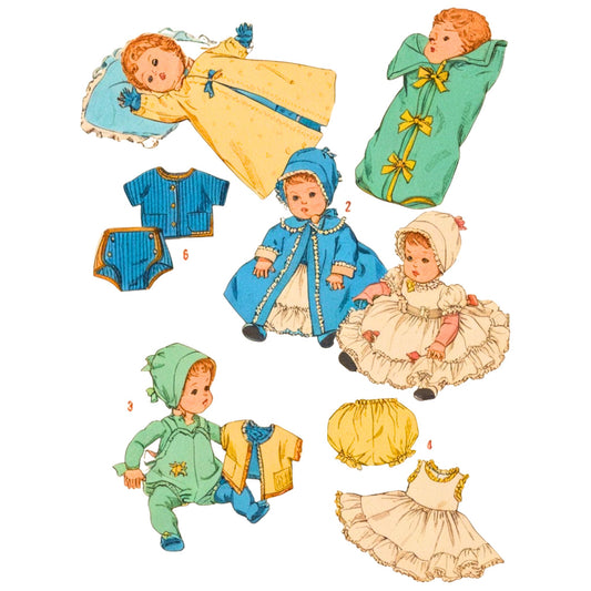 Set of vintage-style dolls and clothing on a white background