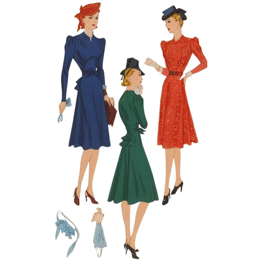 Three women in vintage-style dresses with accessories on a white background