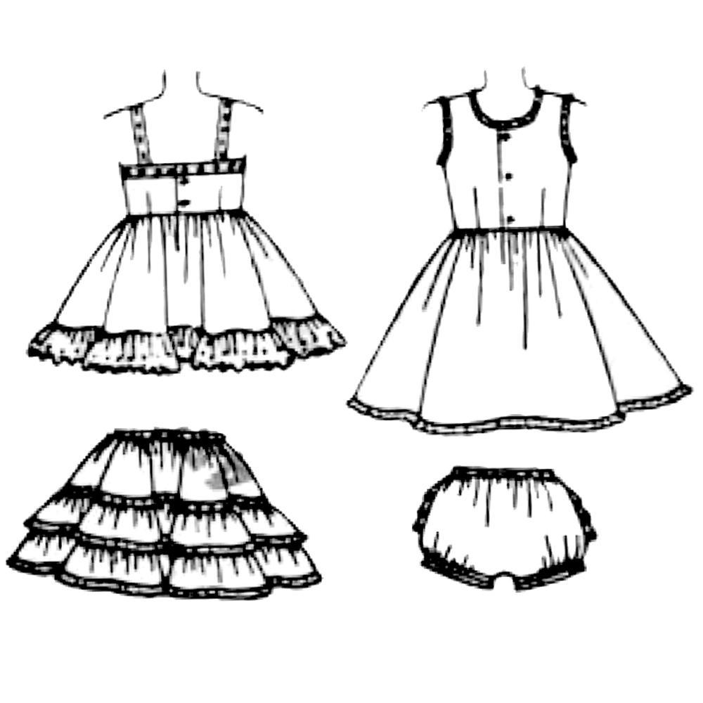 Black and white line drawing of a dress, skirt, and bloomers on a white background