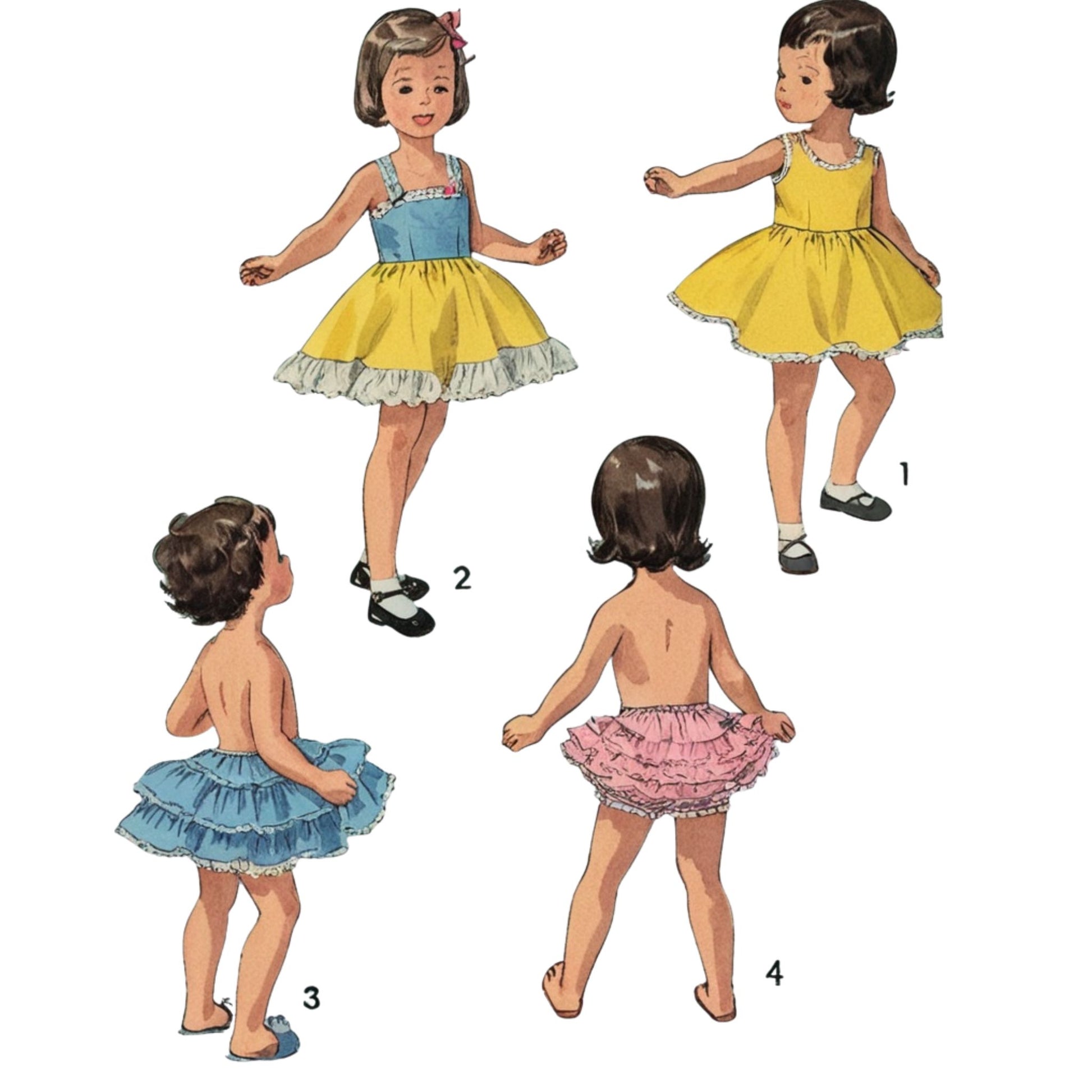 Four babies in different outfits on a white background