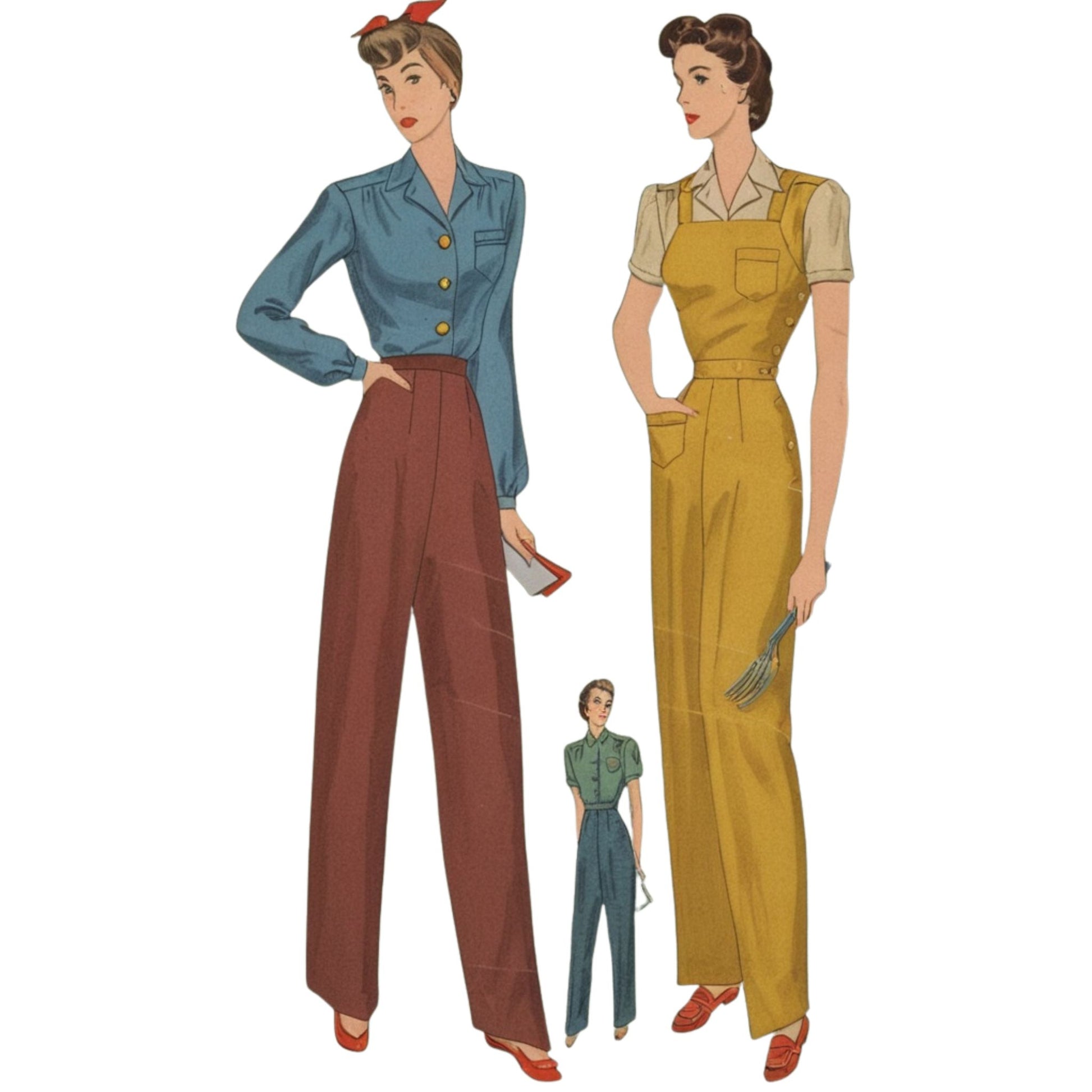 Illustrations of women wearing vintage-style clothing on a white background