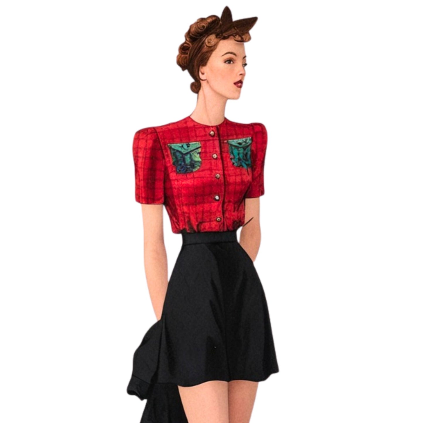 Woman wearing a red plaid top with green accents and a black shorts on a white background