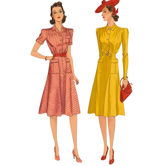 Two women wearing vintage dresses on a white background