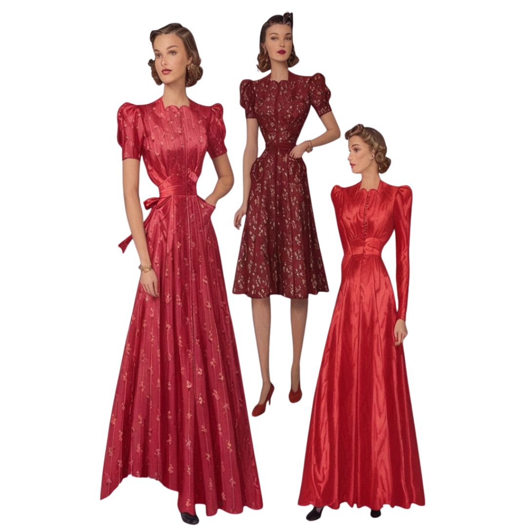 Three red dresses displayed on a white background