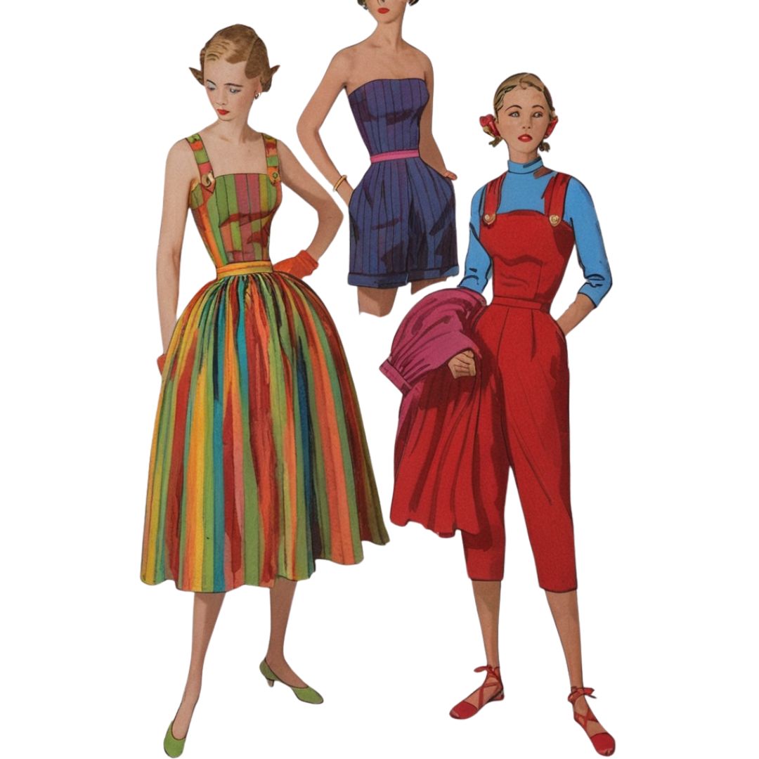 Three women wearing colorful dresses and overalls on a white background