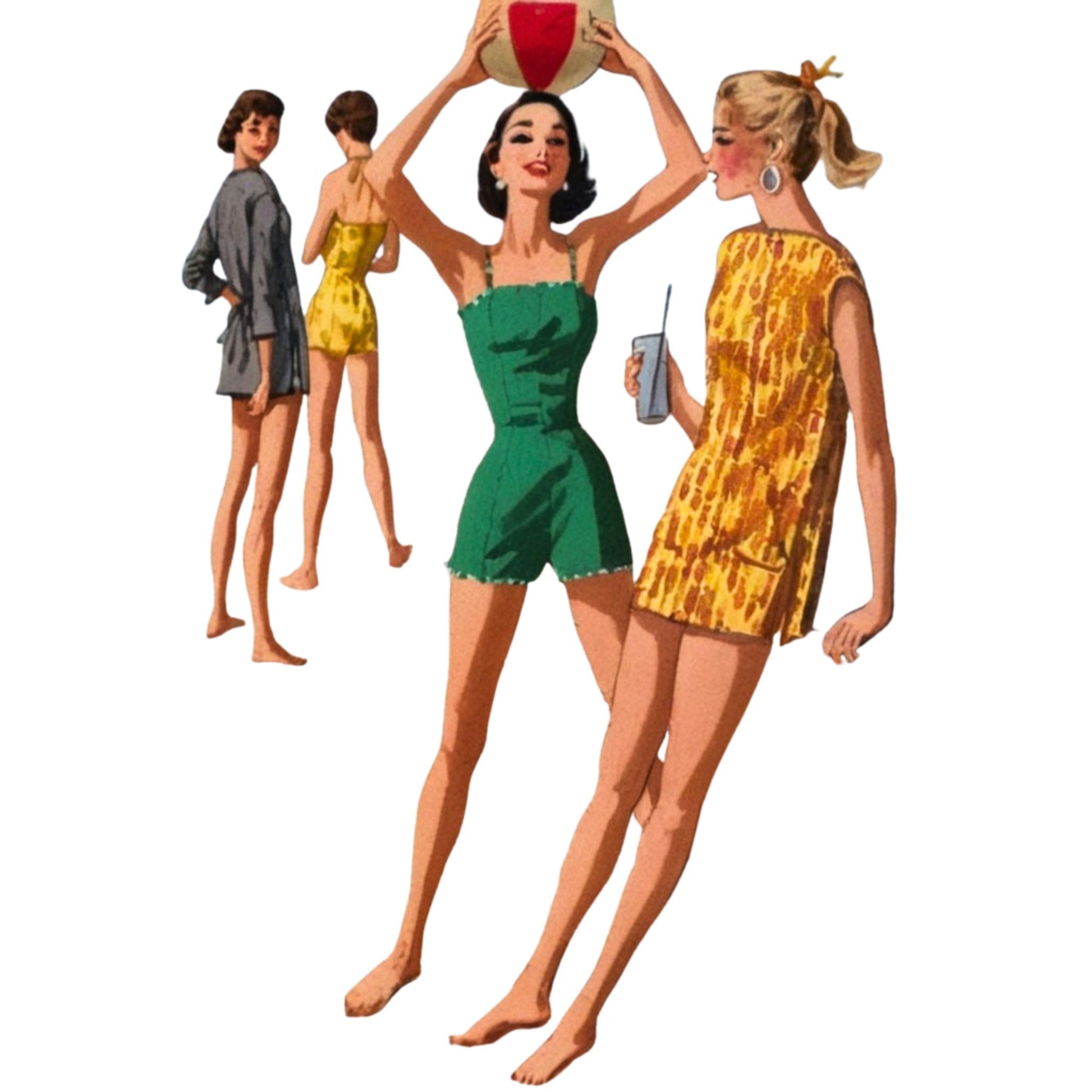 Illustration of women in vintage swimsuits and beach attire on a white background