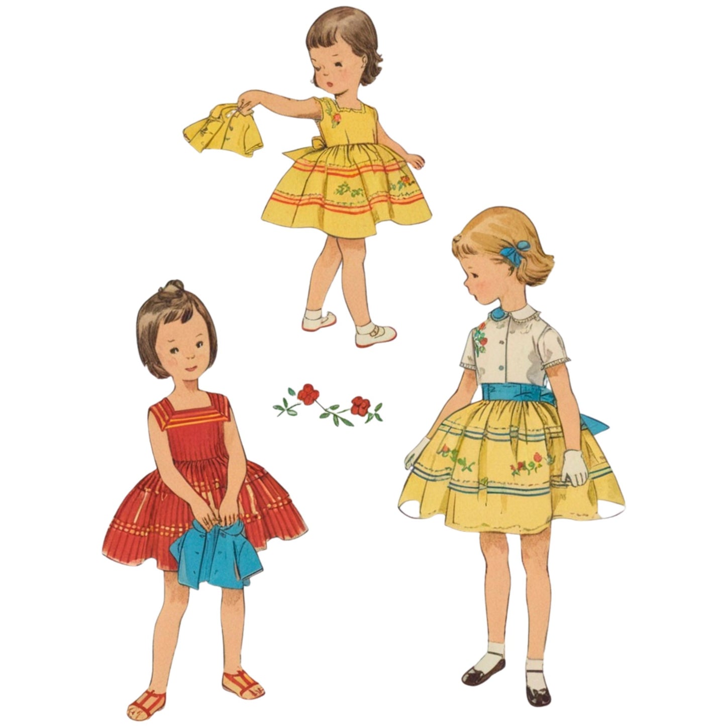 Three vintage-style illustrations of girls in colorful dresses on a white background