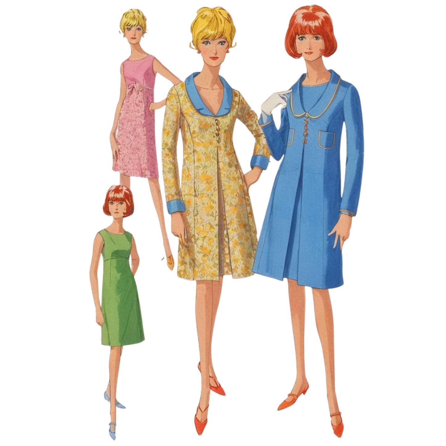 Four women in different outfits on a white background