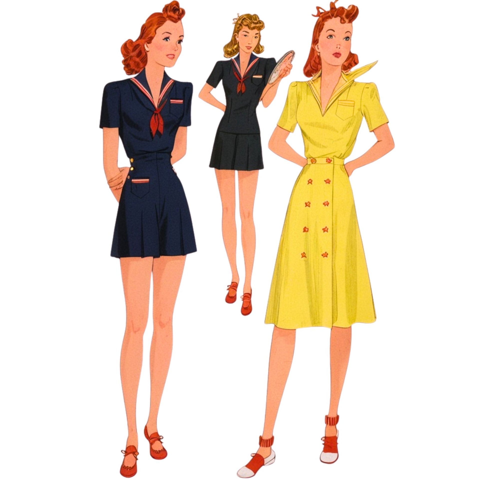 Illustrations of three women in vintage-style outfits on a white background