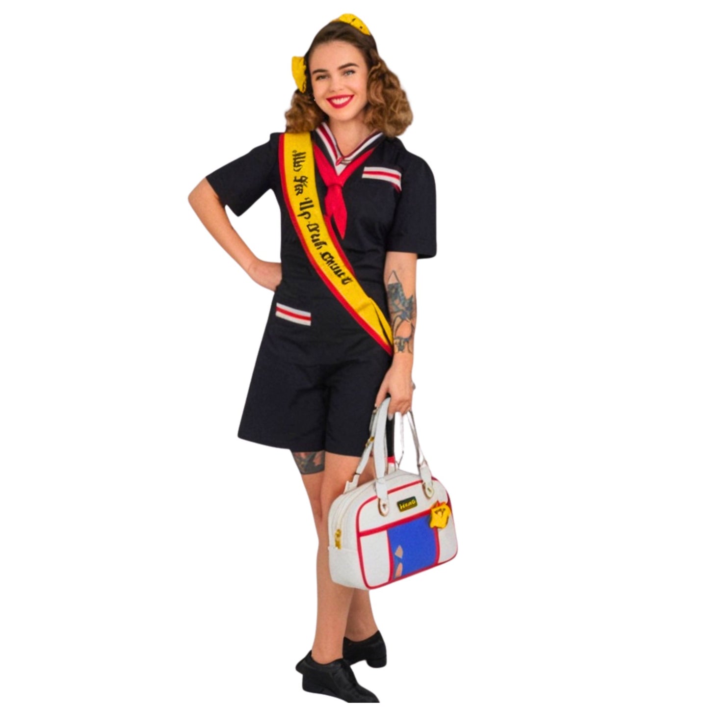 Woman in a vintage-style outfit with a colorful sash and handbag on a white background