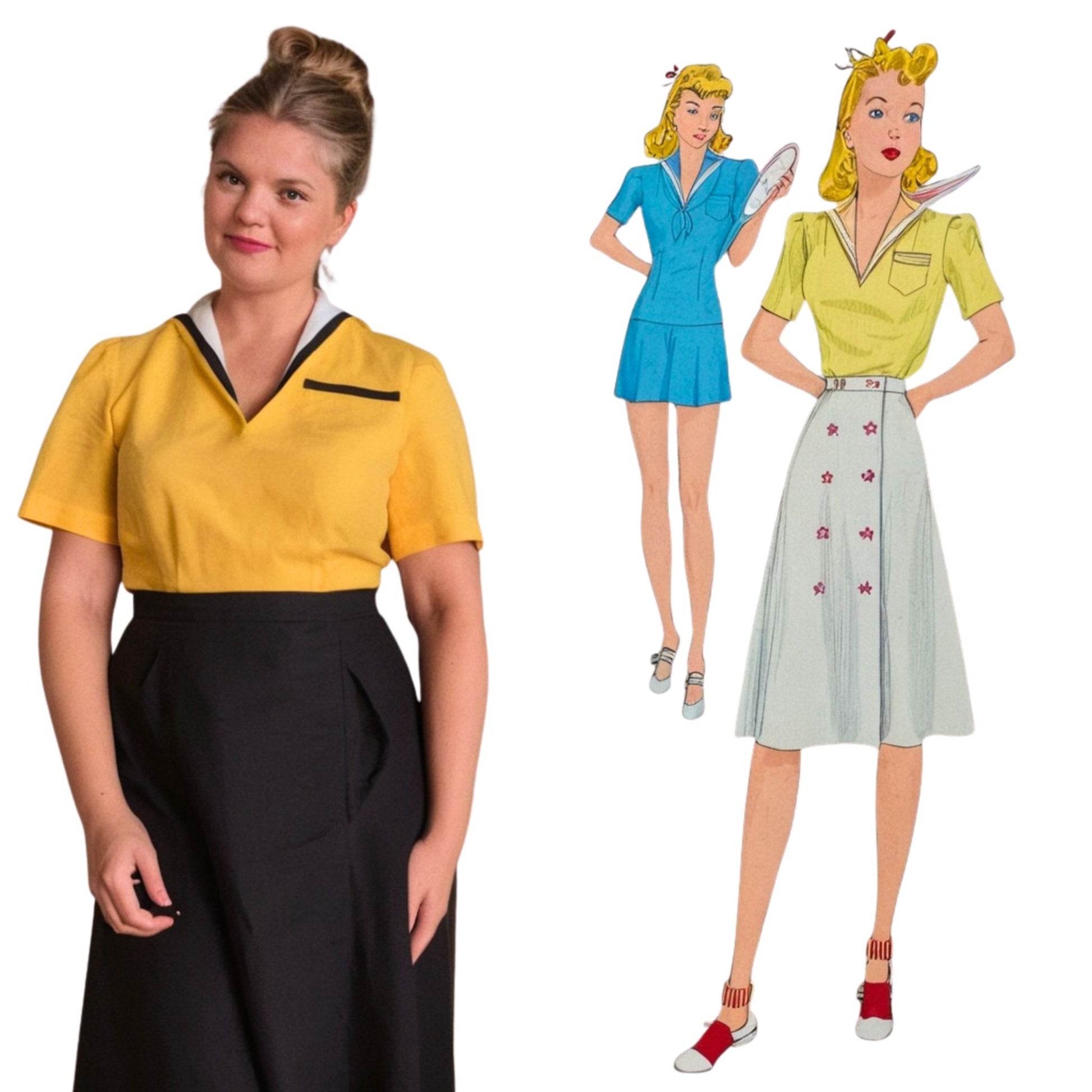 Woman in a yellow top and black skirt next to illustrations of a retro-style dress and cartoon character.