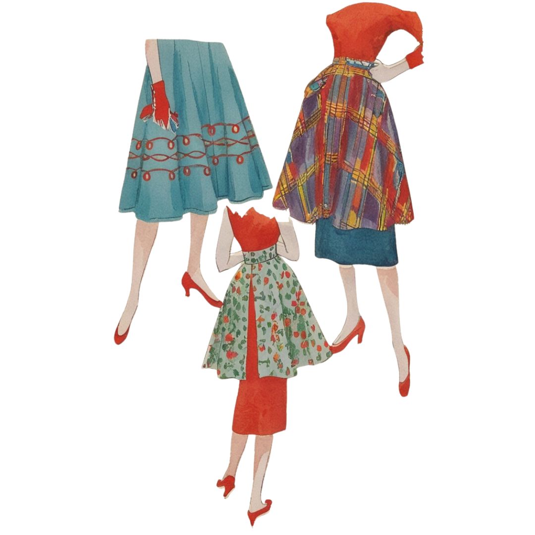 Three mannequins wearing vintage-style dresses on a white background