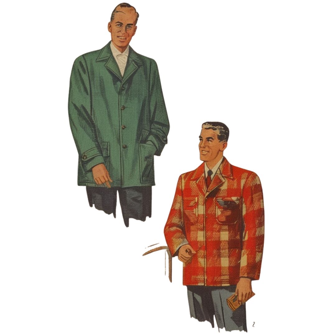 Two men wearing vintage-style jackets on a white background