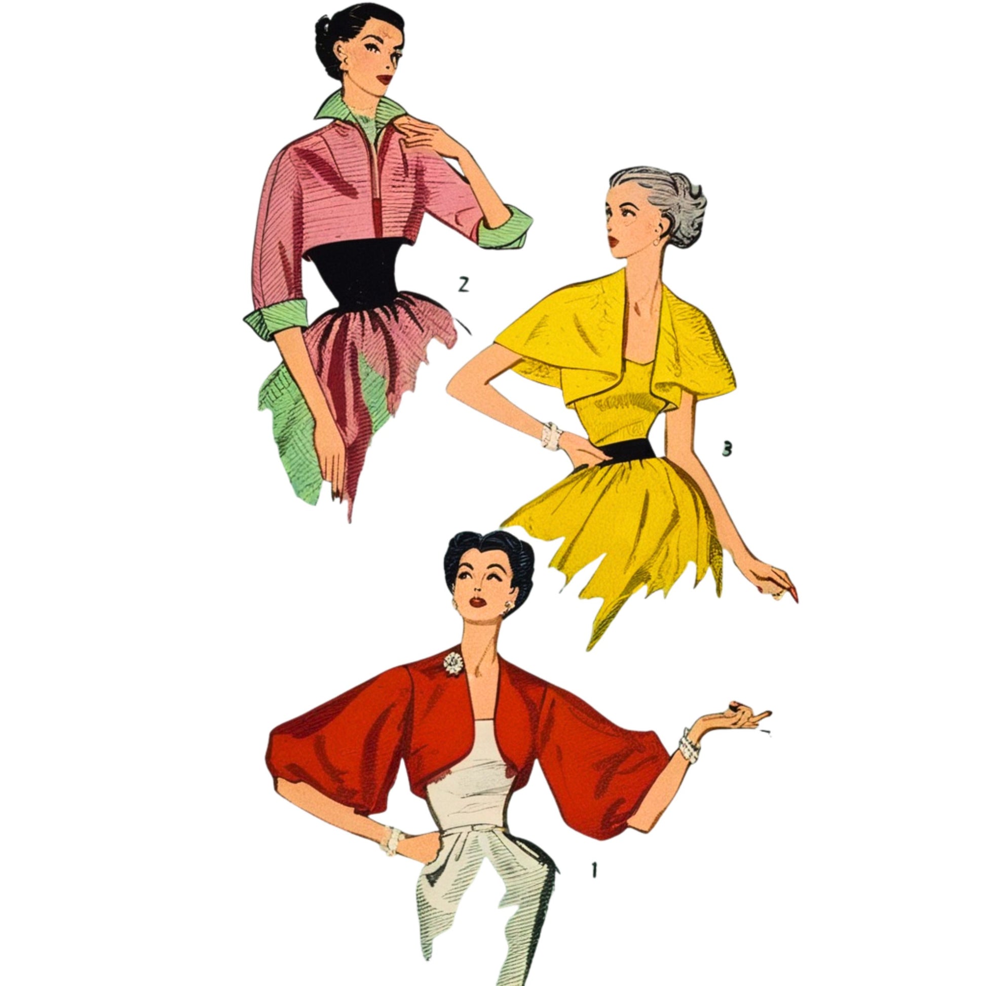 Vintage fashion illustration of three women wearing colorful outfits on a white background