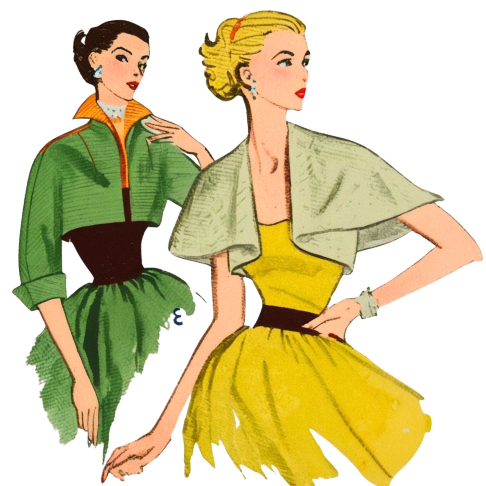 Illustration of two women wearing vintage outfits on a white background