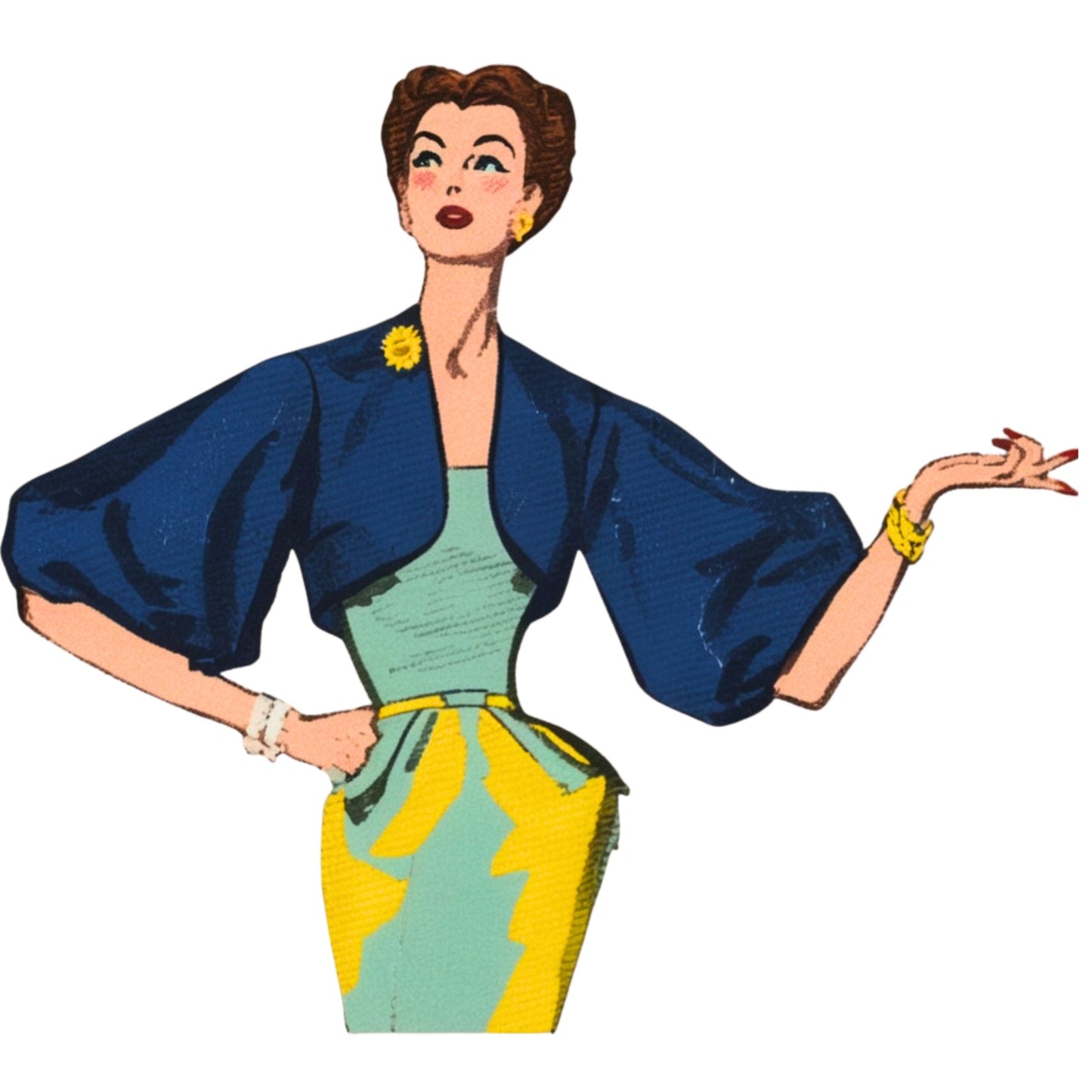Vintage-style illustration of a woman wearing a blue jacket, green top, and yellow skirt.