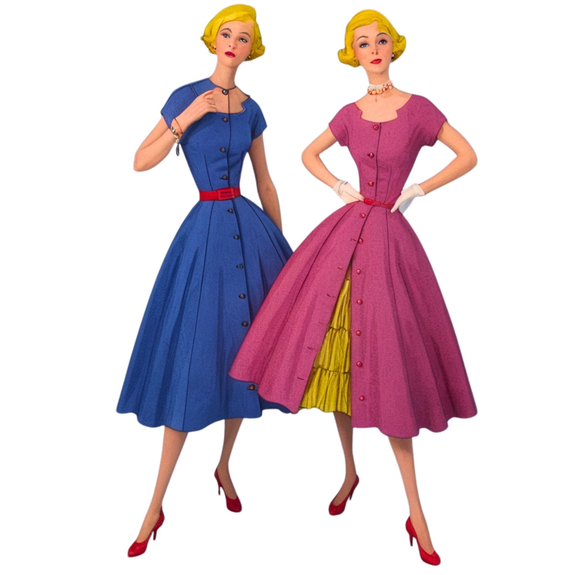 Two women wearing colorful dresses on a white background