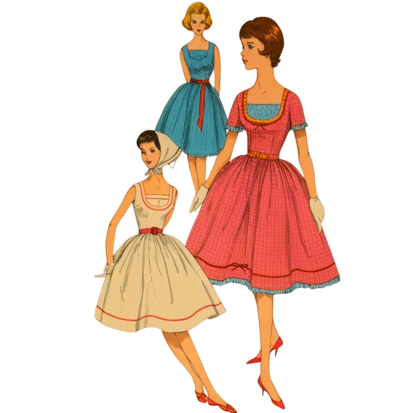 Illustration of three women wearing vintage dresses on a white background