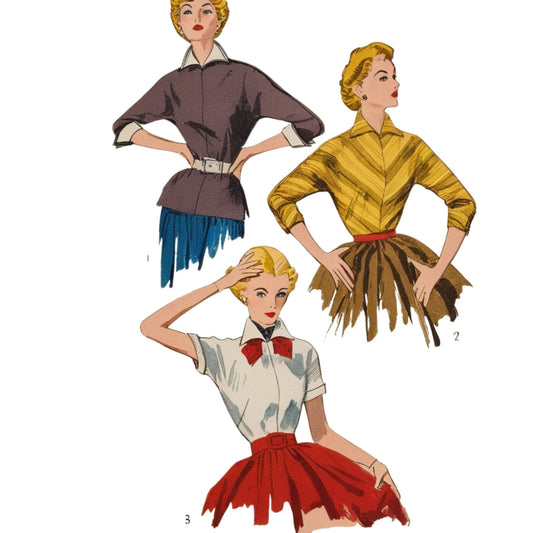 Vintage fashion illustration of three women in different outfits on a white background