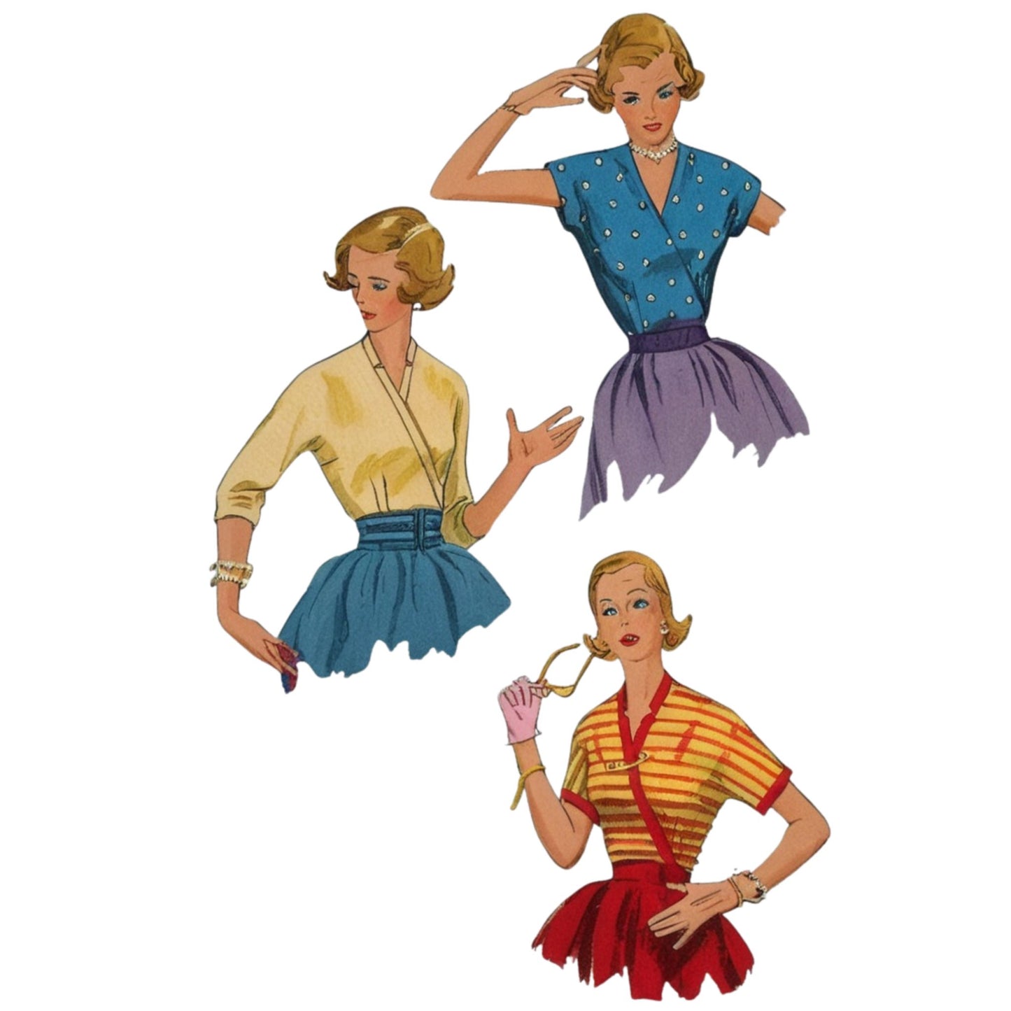 Three vintage-style WOMEN with colorful outfits on a white background