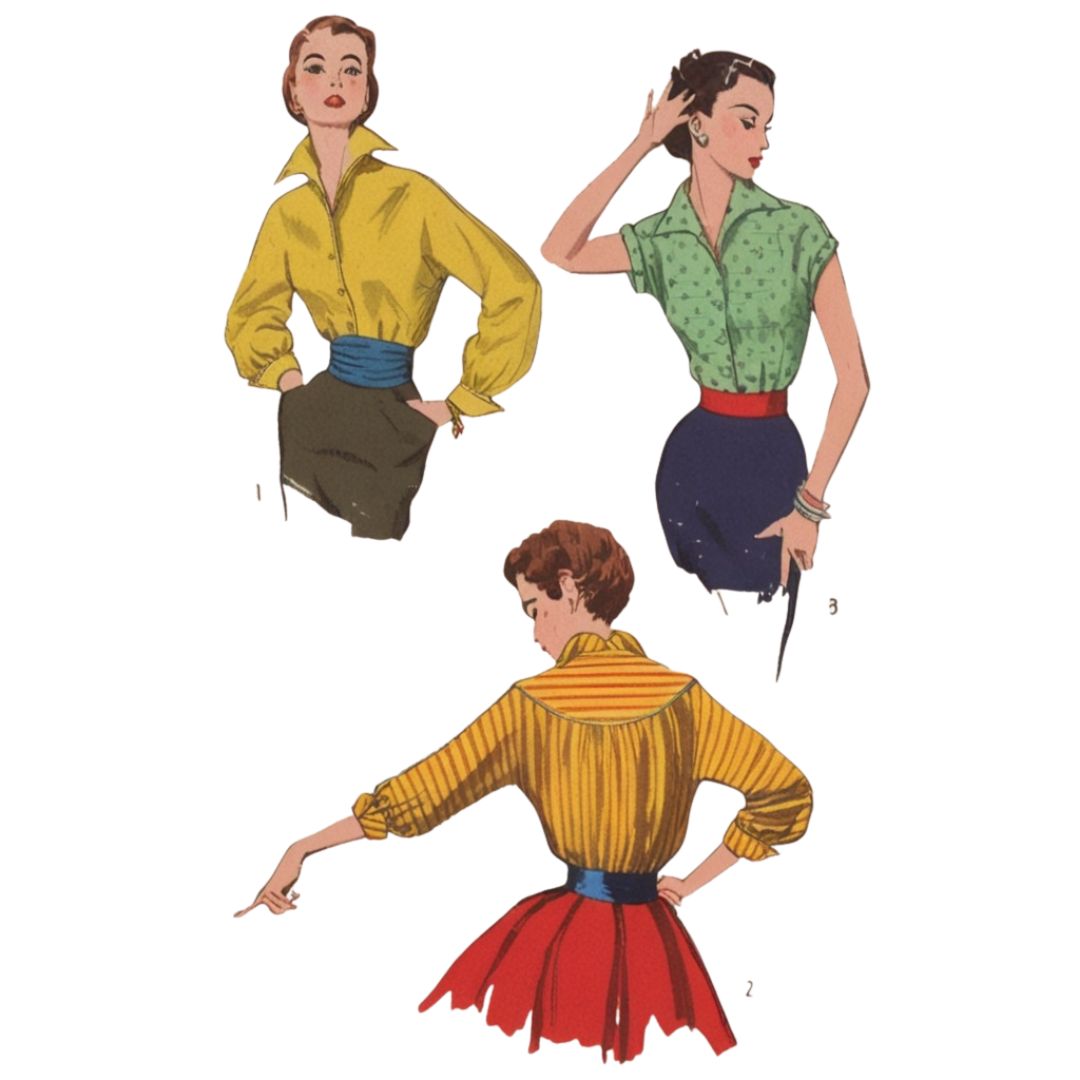 Vintage-style illustration of women in colorful outfits on a white background