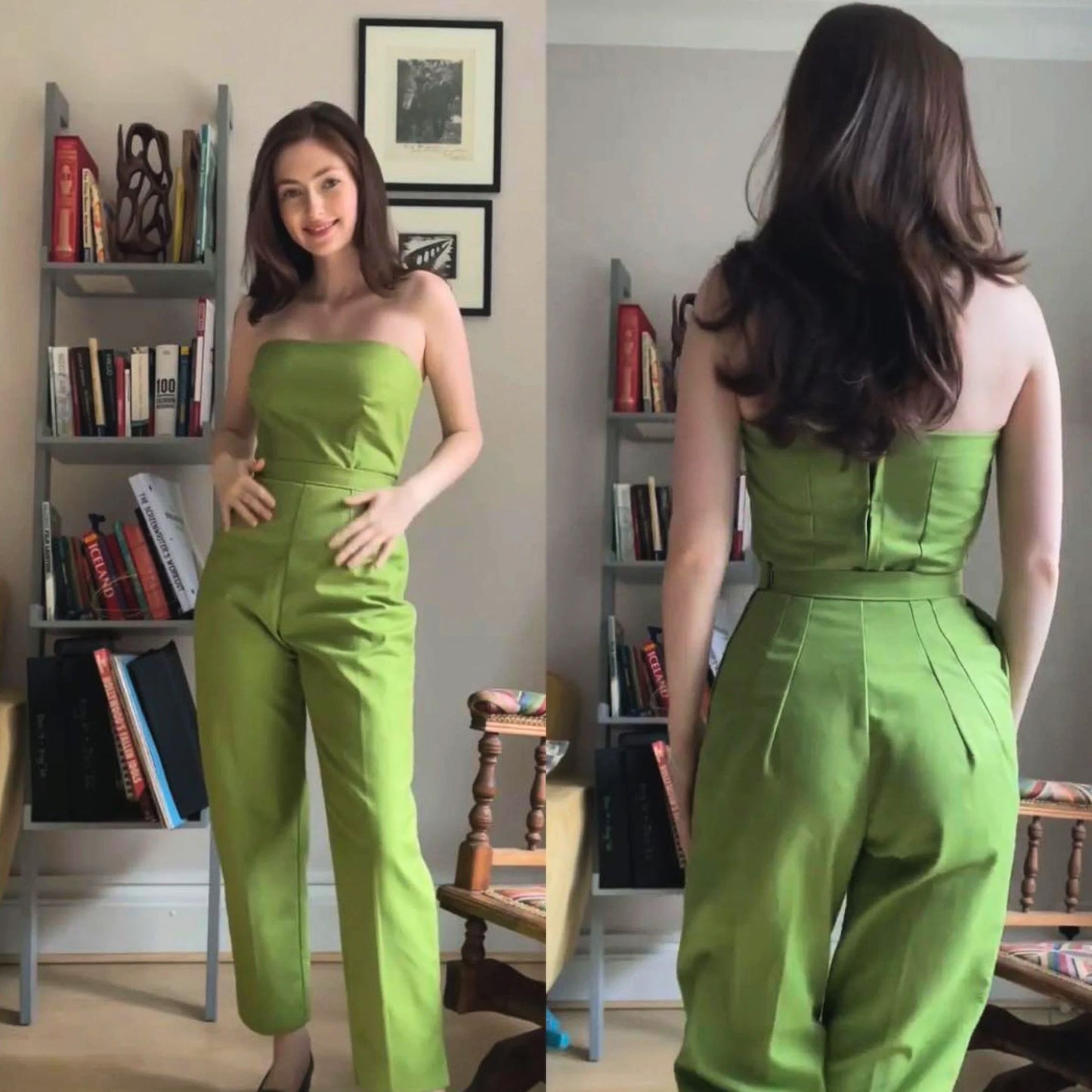 Woman wearing a green strapless jumpsuit in a room with bookshelves.