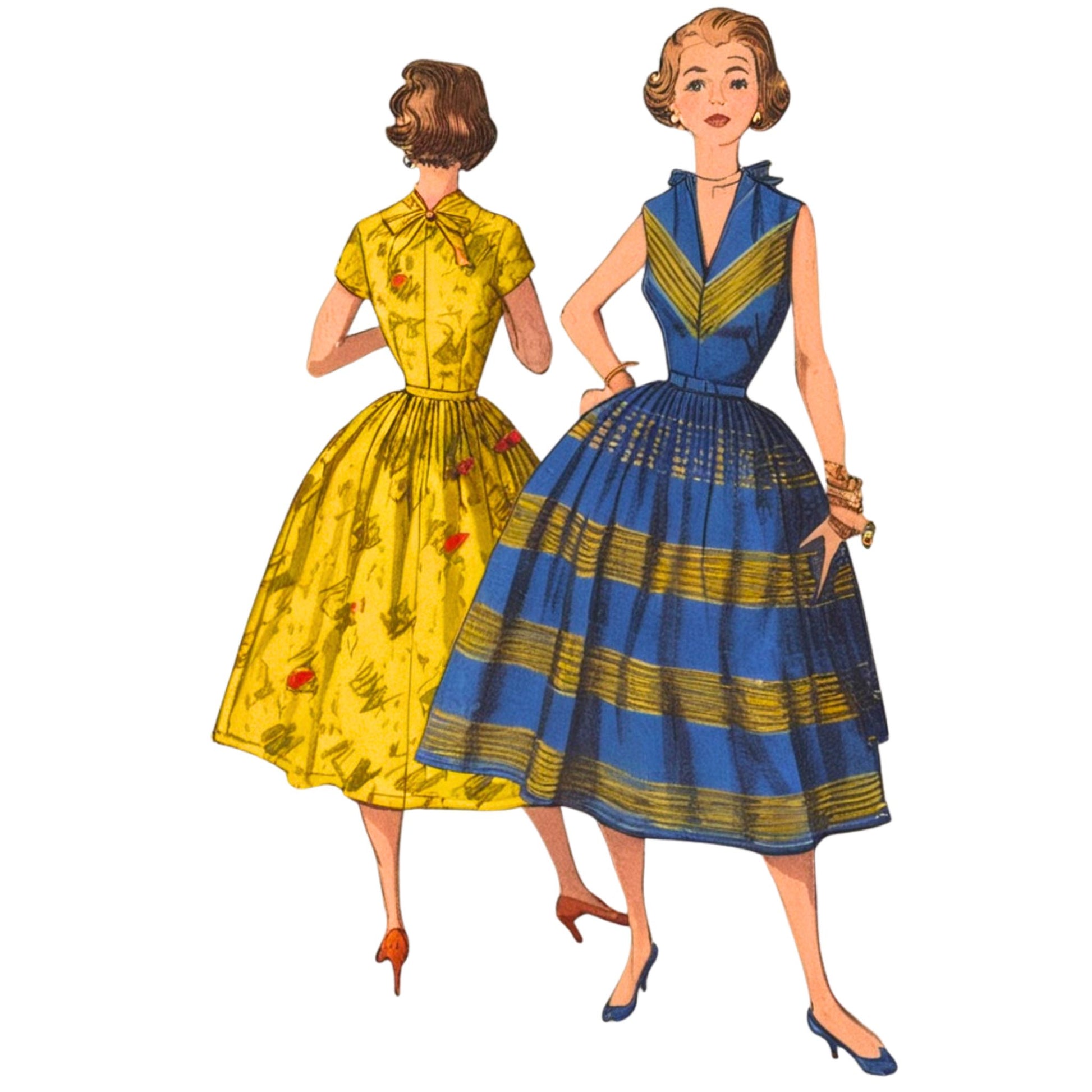 Two women wearing vintage dresses on a white background