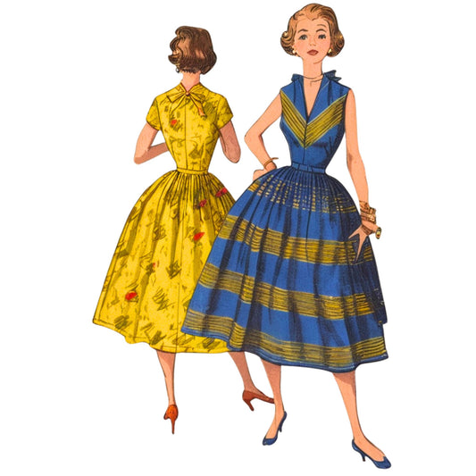 Two women wearing vintage dresses on a white background