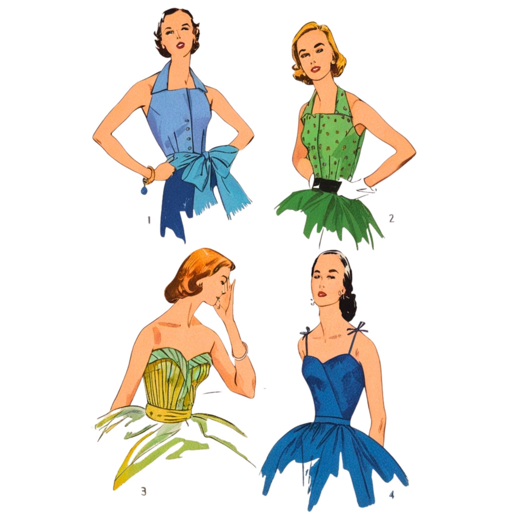 Four vintage-style women wearing different dresses on a white background