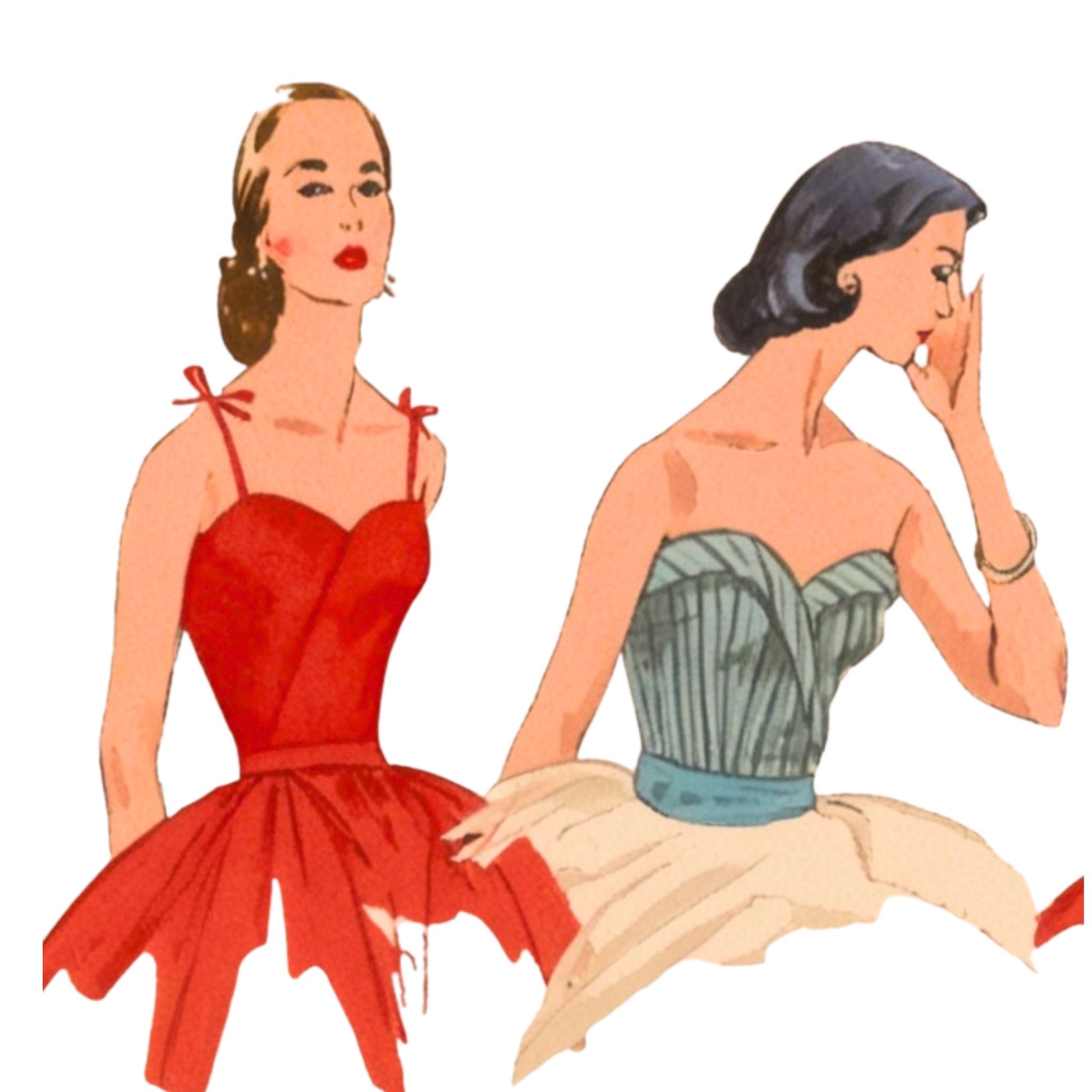 Illustration of two women wearing strapless dresses on a white background