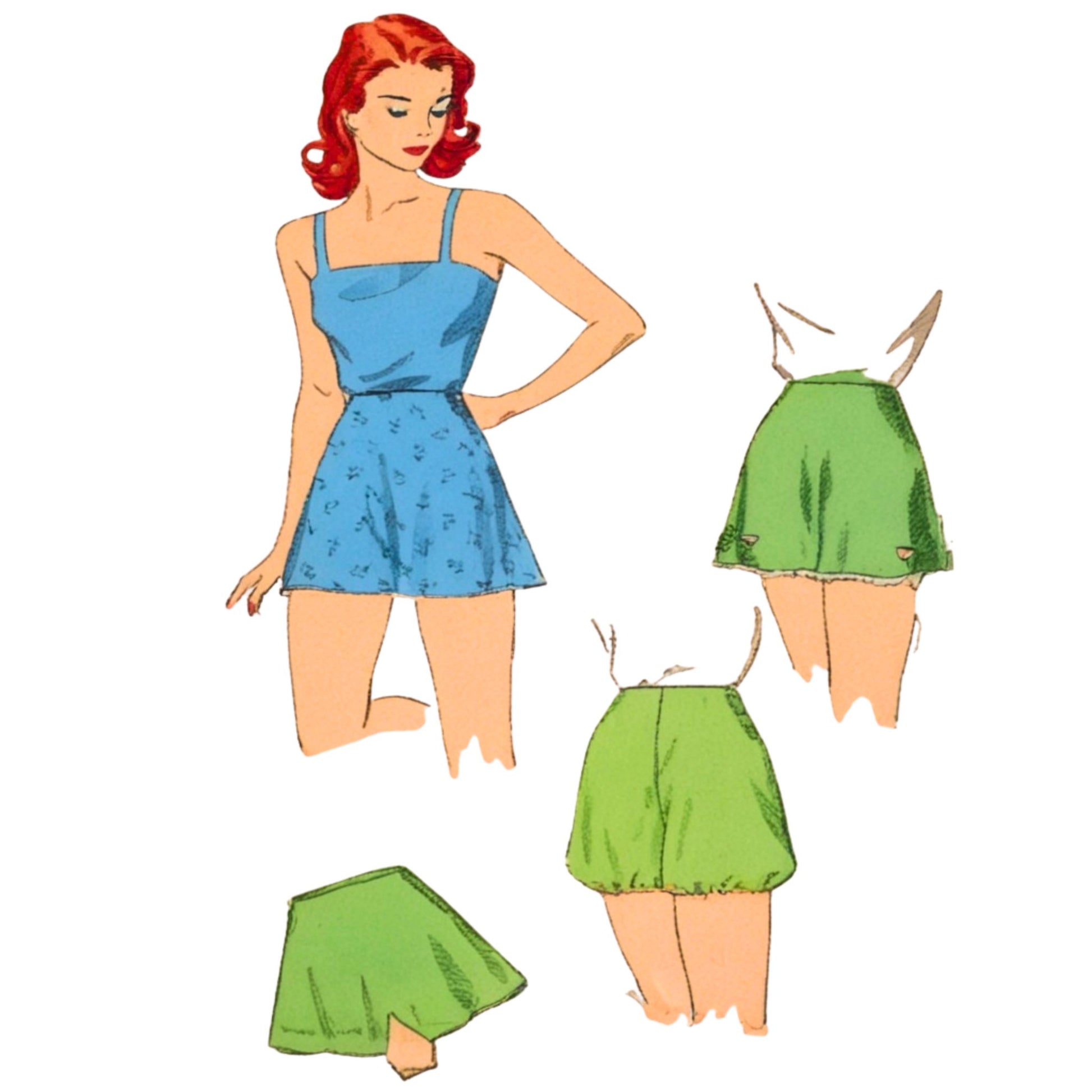 Illustration of a woman wearing a blue nightgown with matching shorts, and two green nightgowns on separate bodies.