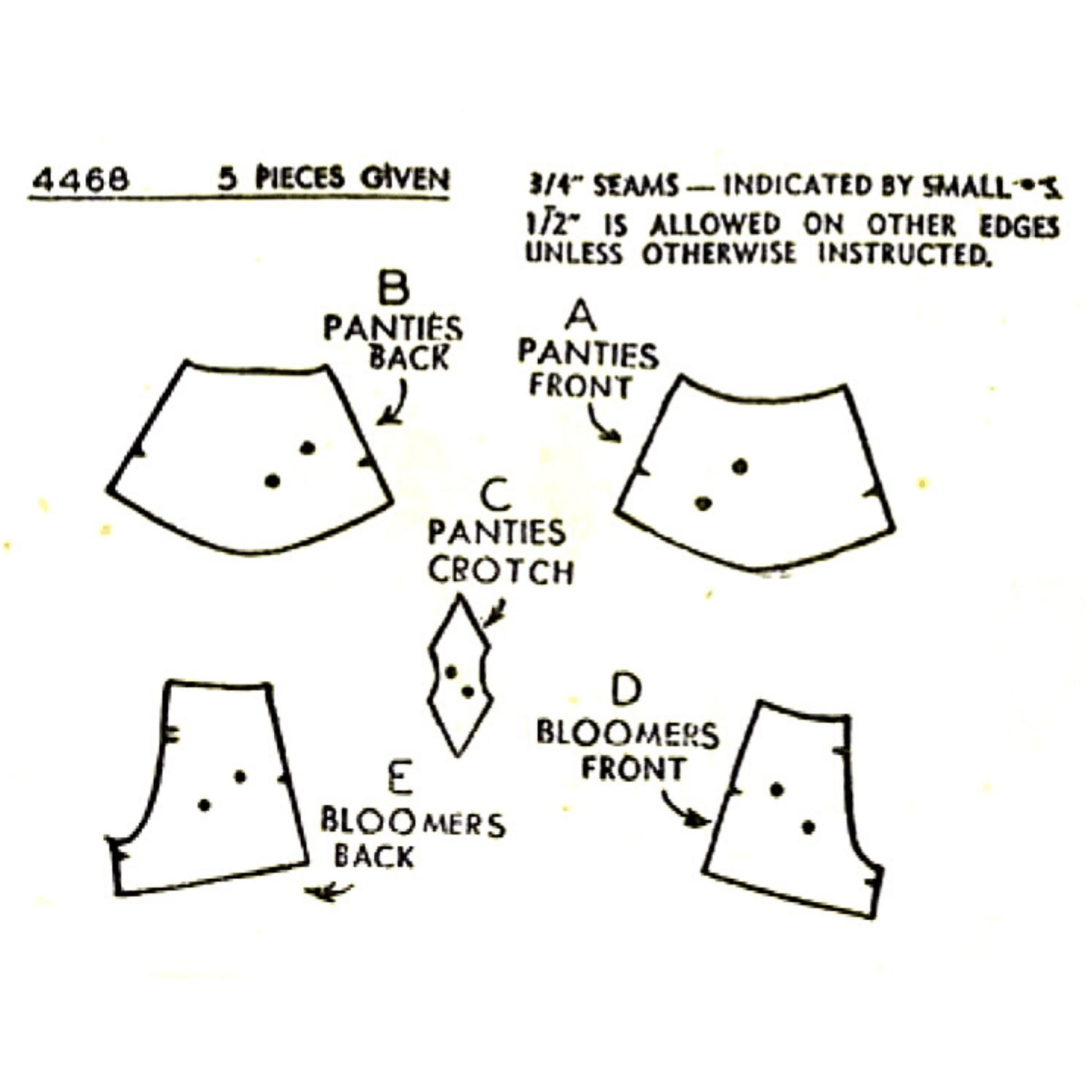 Vintage sewing pattern diagram for panties and bloomers with labeled pieces and seam instructions.