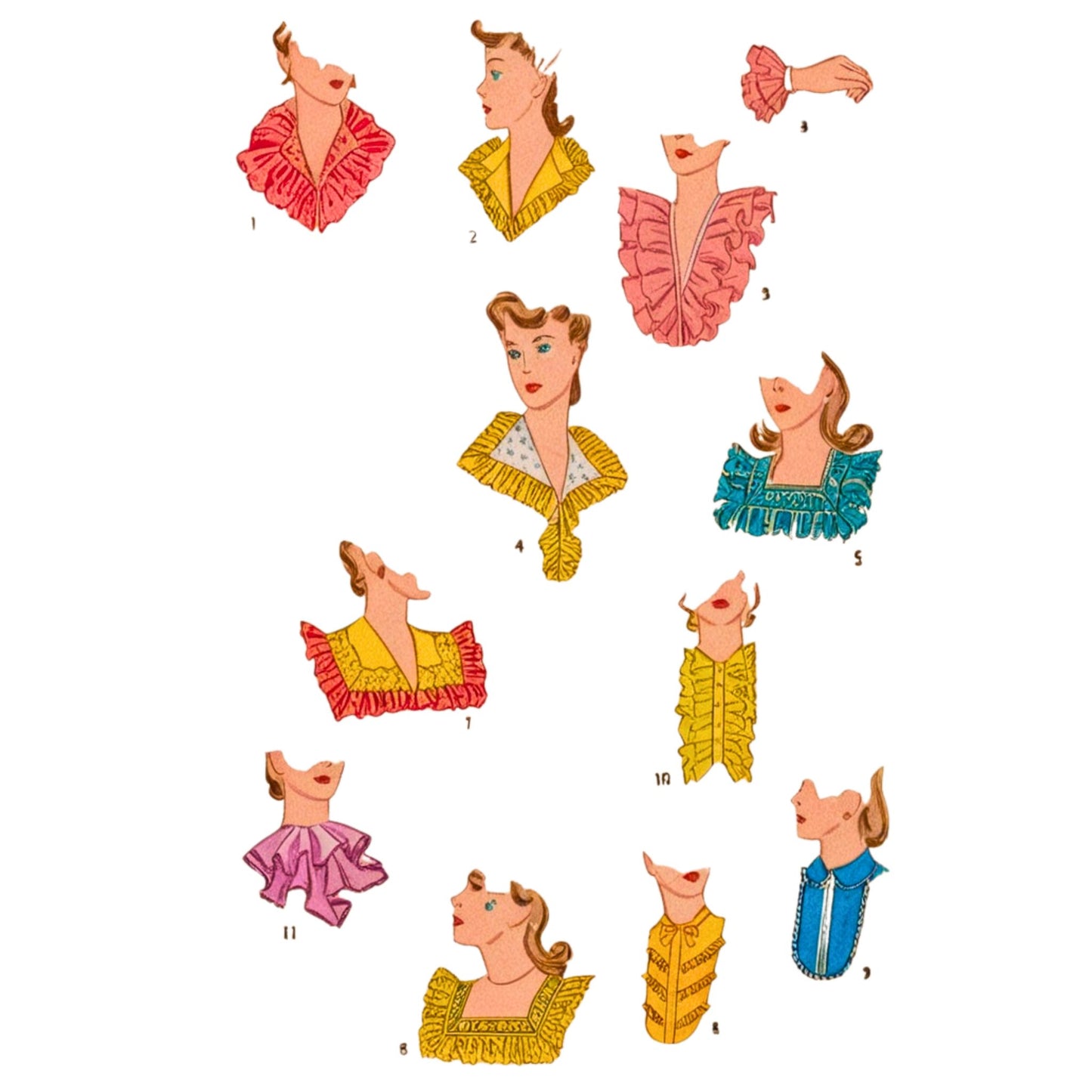 Set of colorful neck frills with various outfits on a white background