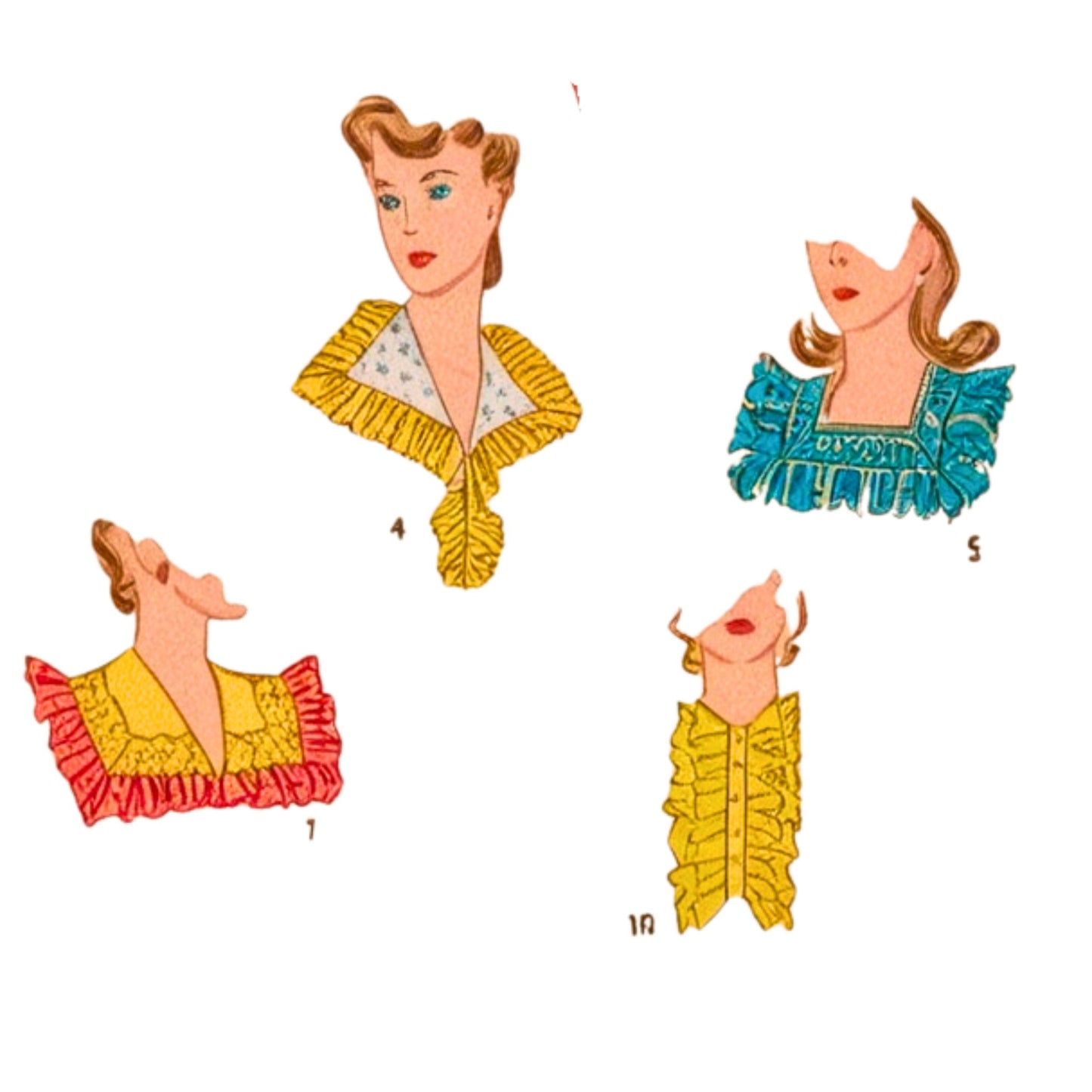 Illustrations of vintage-style clothing patterns on a white background