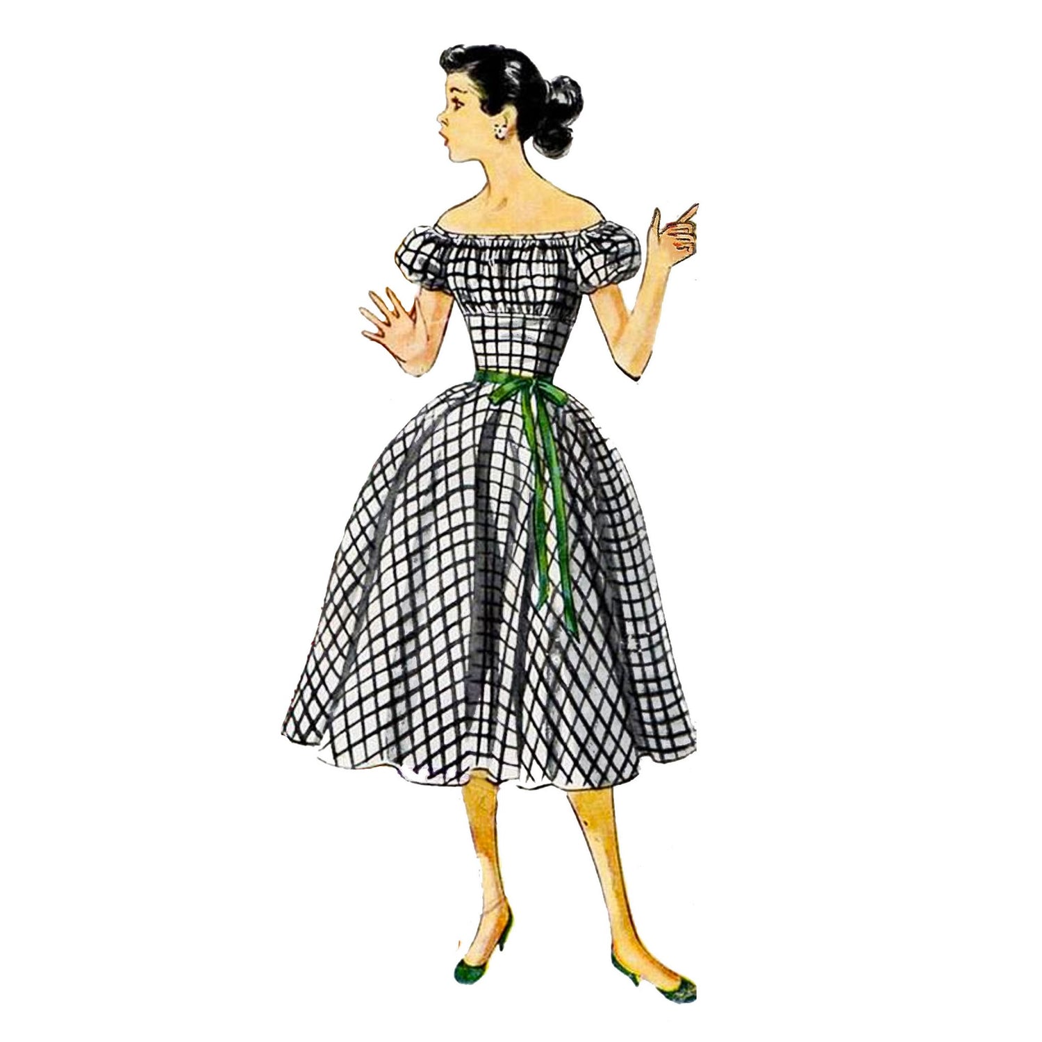 Model wearing Thumbelina dress made from 1950s sewing pattern