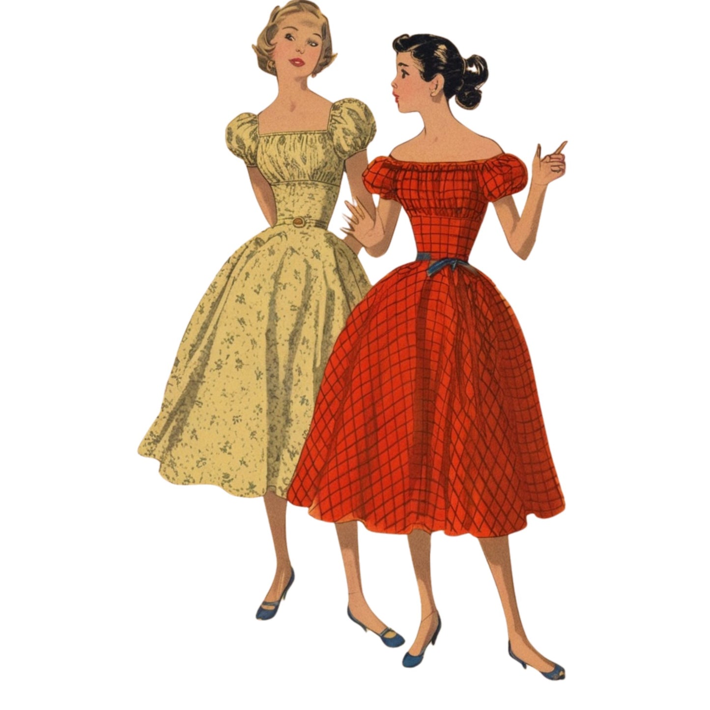 Two women in vintage dresses on a white background
