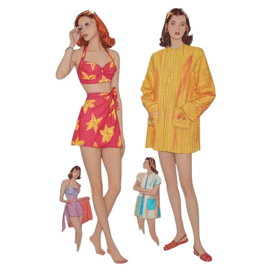 Vintage-style fashion illustrations of women in colorful outfits on a white background