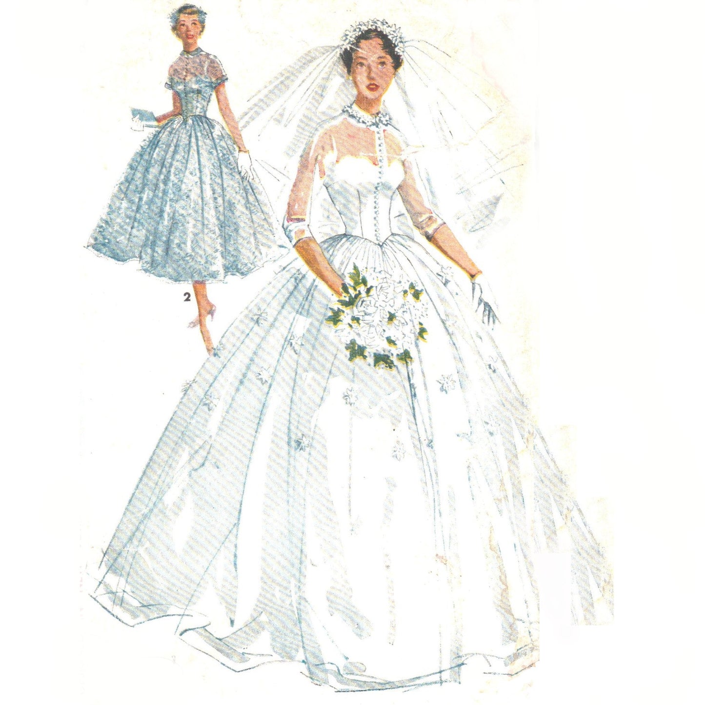 Model wearing bridal gown and bridesmaid dress made from Simplicity 4697 pattern