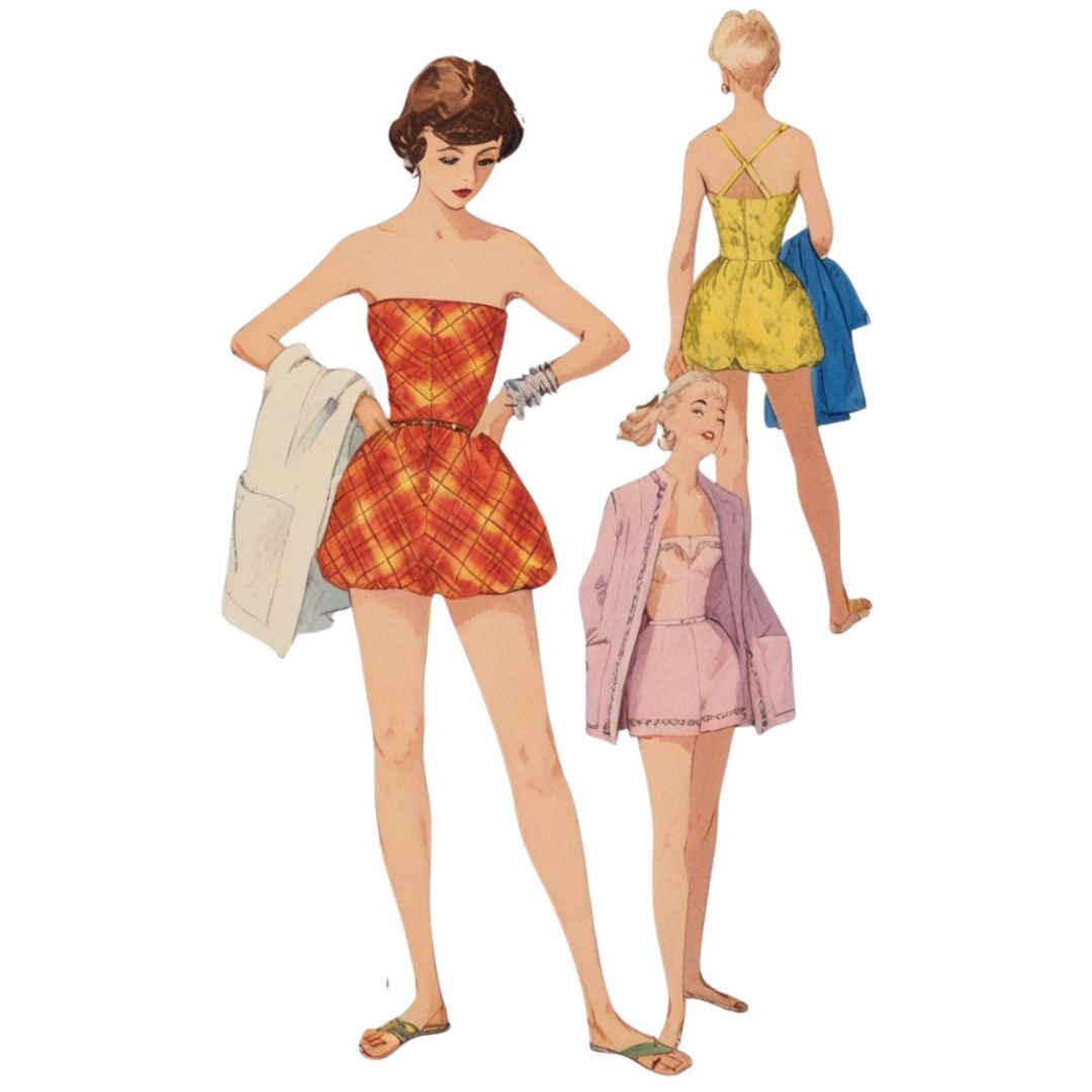 Illustration of women in vintage swimsuits and cover-ups on a white background
