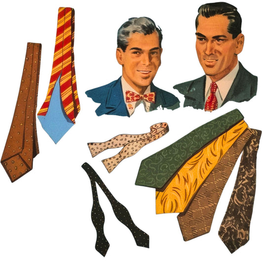 Collection of vintage-style ties and bow ties with two men's portraits on a white background.